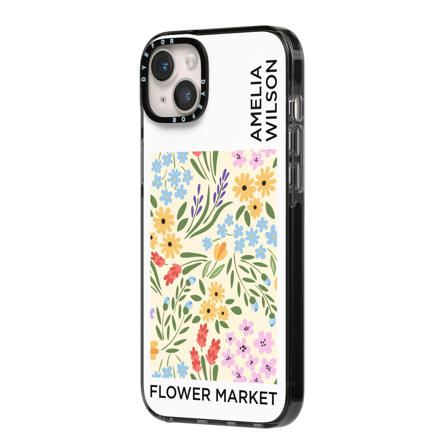 Paris Flower Market iPhone 14 Plus Black Impact Case Side Angle on Silver phone