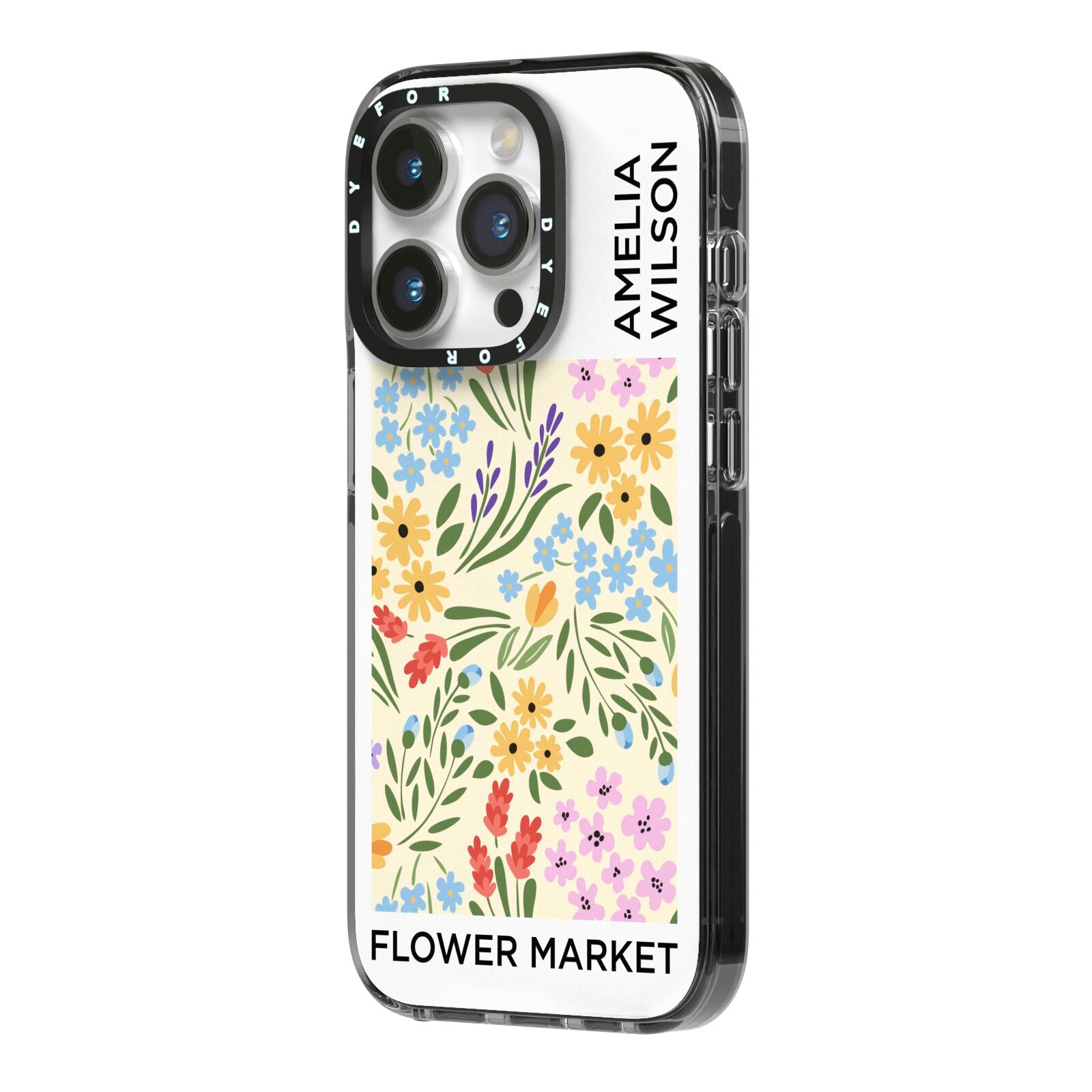 Paris Flower Market iPhone 14 Pro Black Impact Case Side Angle on Silver phone