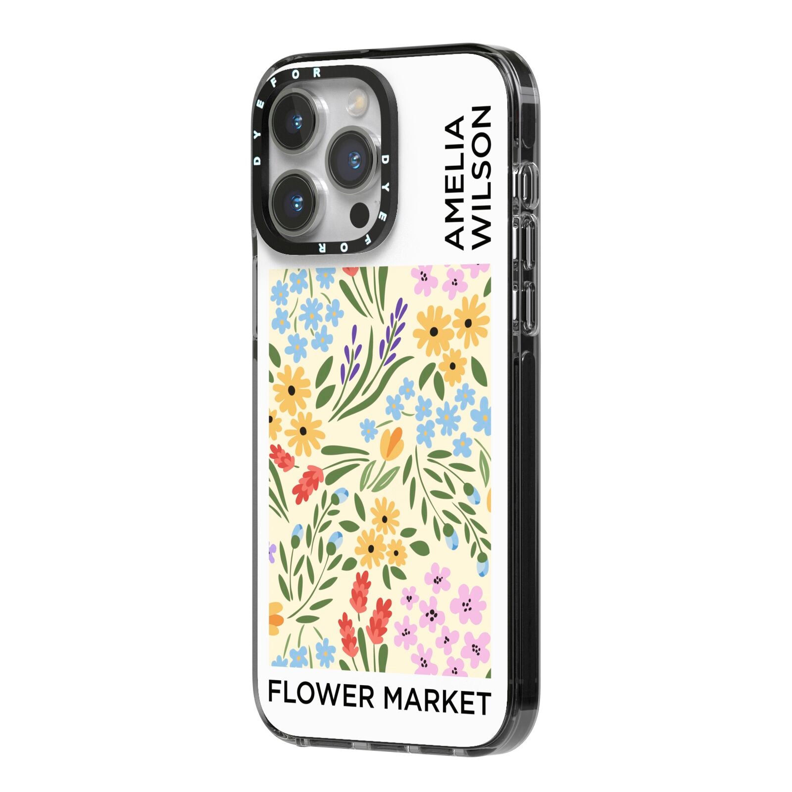 Paris Flower Market iPhone 14 Pro Max Black Impact Case Side Angle on Silver phone