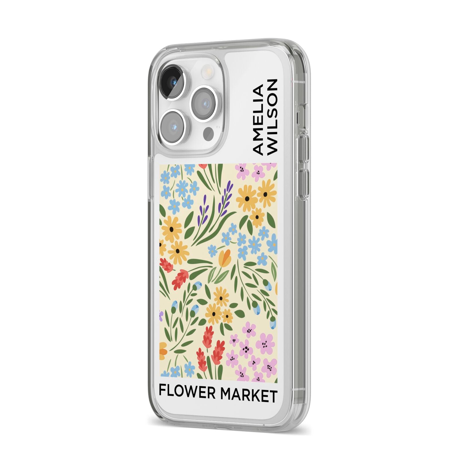 Paris Flower Market iPhone 14 Pro Max Clear Tough Case Silver Angled Image