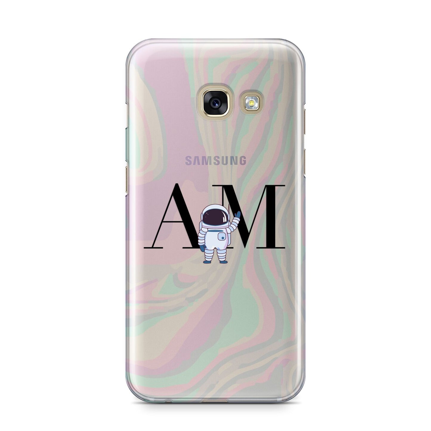 Pastel Marble Ink Astronaut Initials Samsung Galaxy A3 2017 Case on gold phone