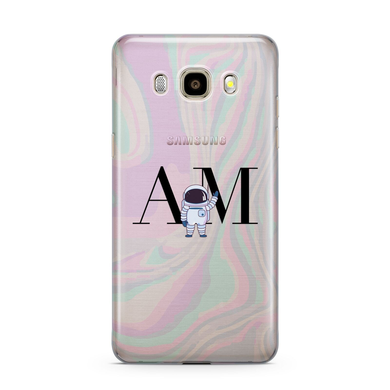 Pastel Marble Ink Astronaut Initials Samsung Galaxy J7 2016 Case on gold phone