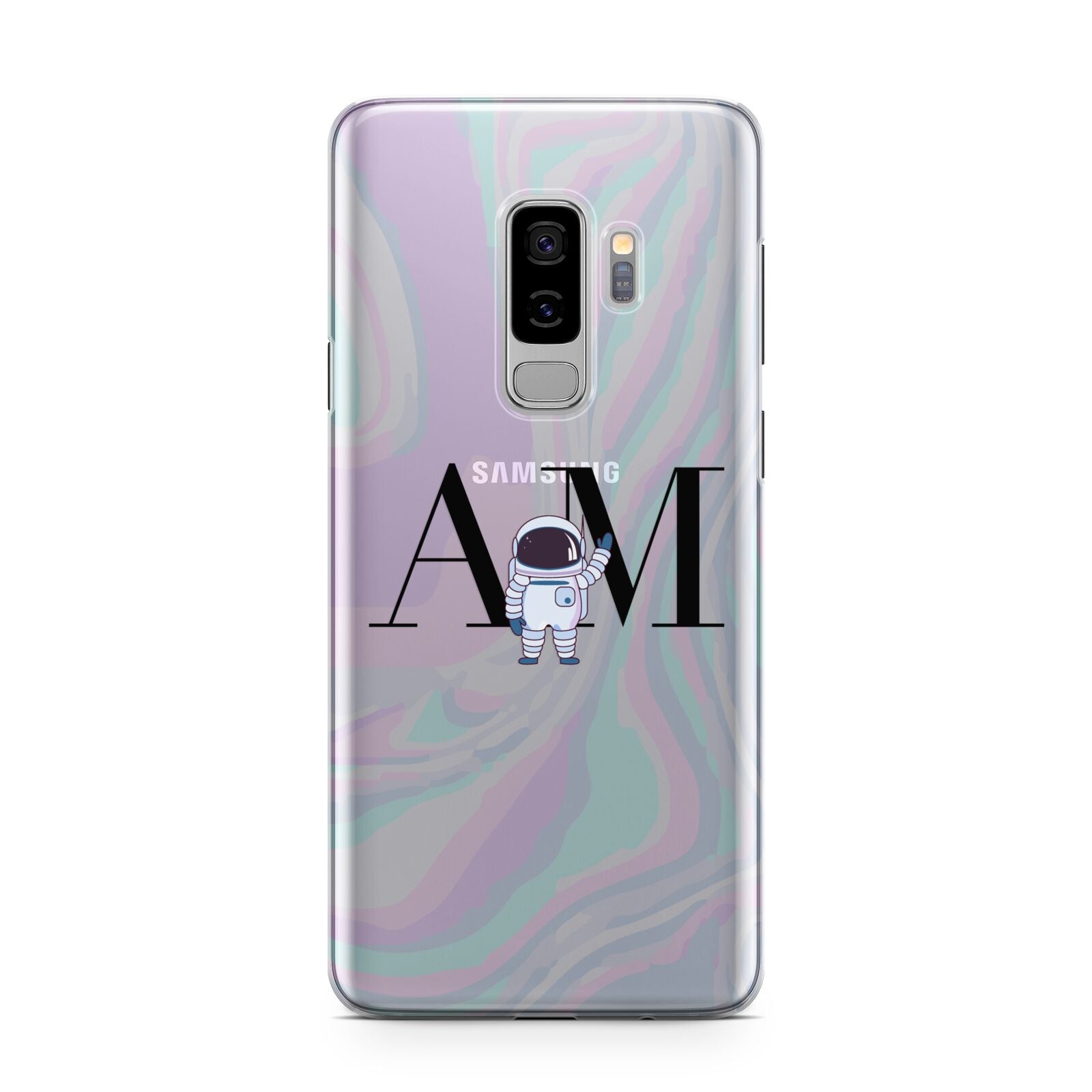 Pastel Marble Ink Astronaut Initials Samsung Galaxy S9 Plus Case on Silver phone