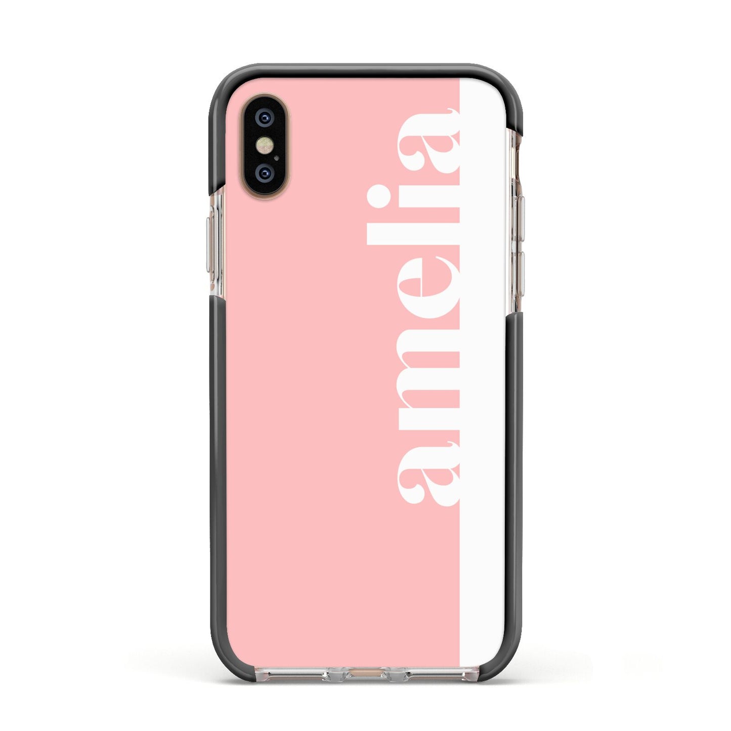 Pastel Pink Personalised Name Apple iPhone Xs Impact Case Black Edge on Gold Phone