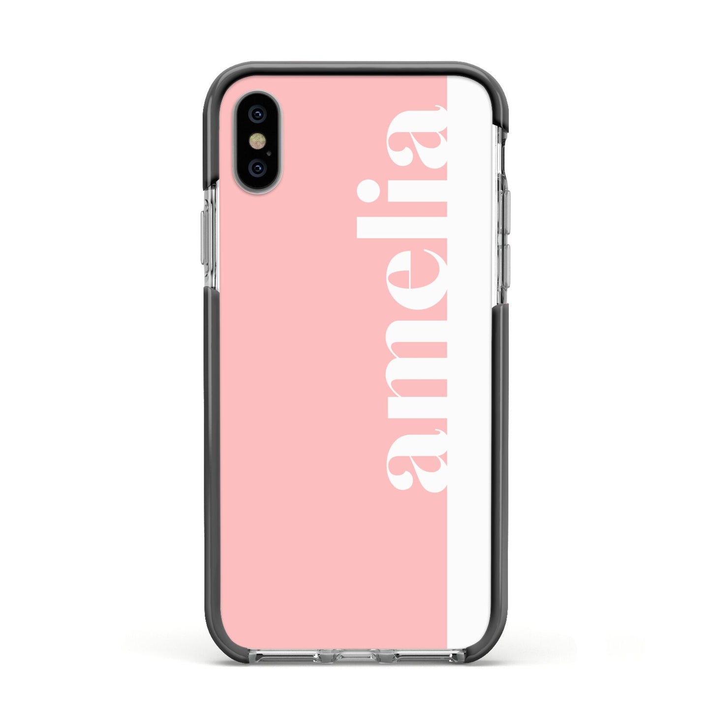 Pastel Pink Personalised Name Apple iPhone Xs Impact Case Black Edge on Silver Phone