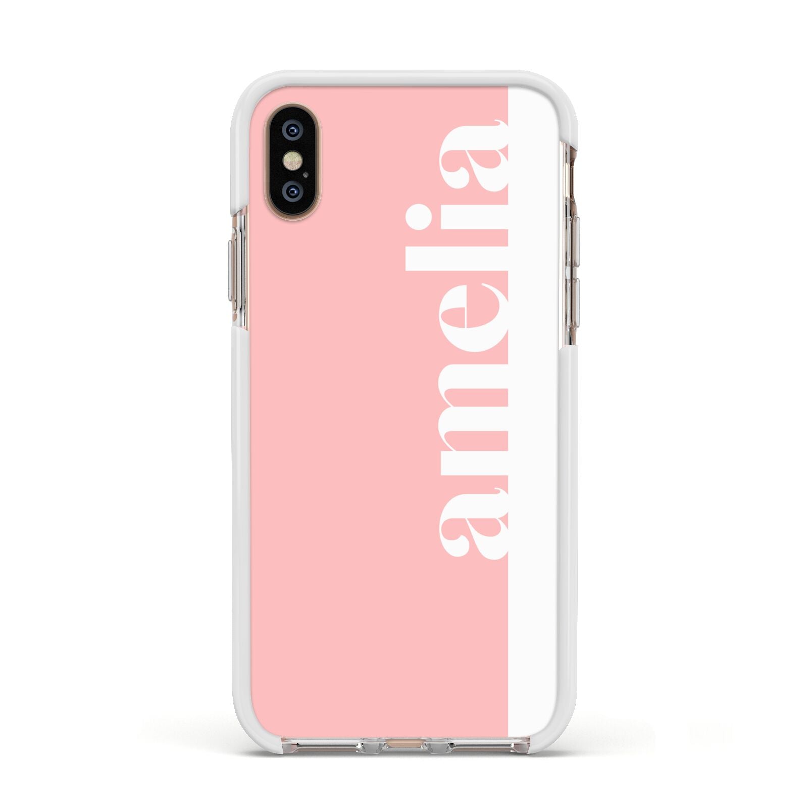 Pastel Pink Personalised Name Apple iPhone Xs Impact Case White Edge on Gold Phone