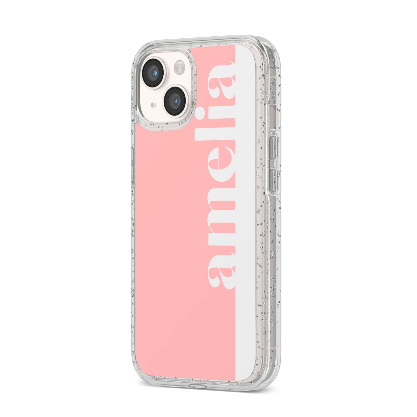 Pastel Pink Personalised Name iPhone 14 Glitter Tough Case Starlight Angled Image