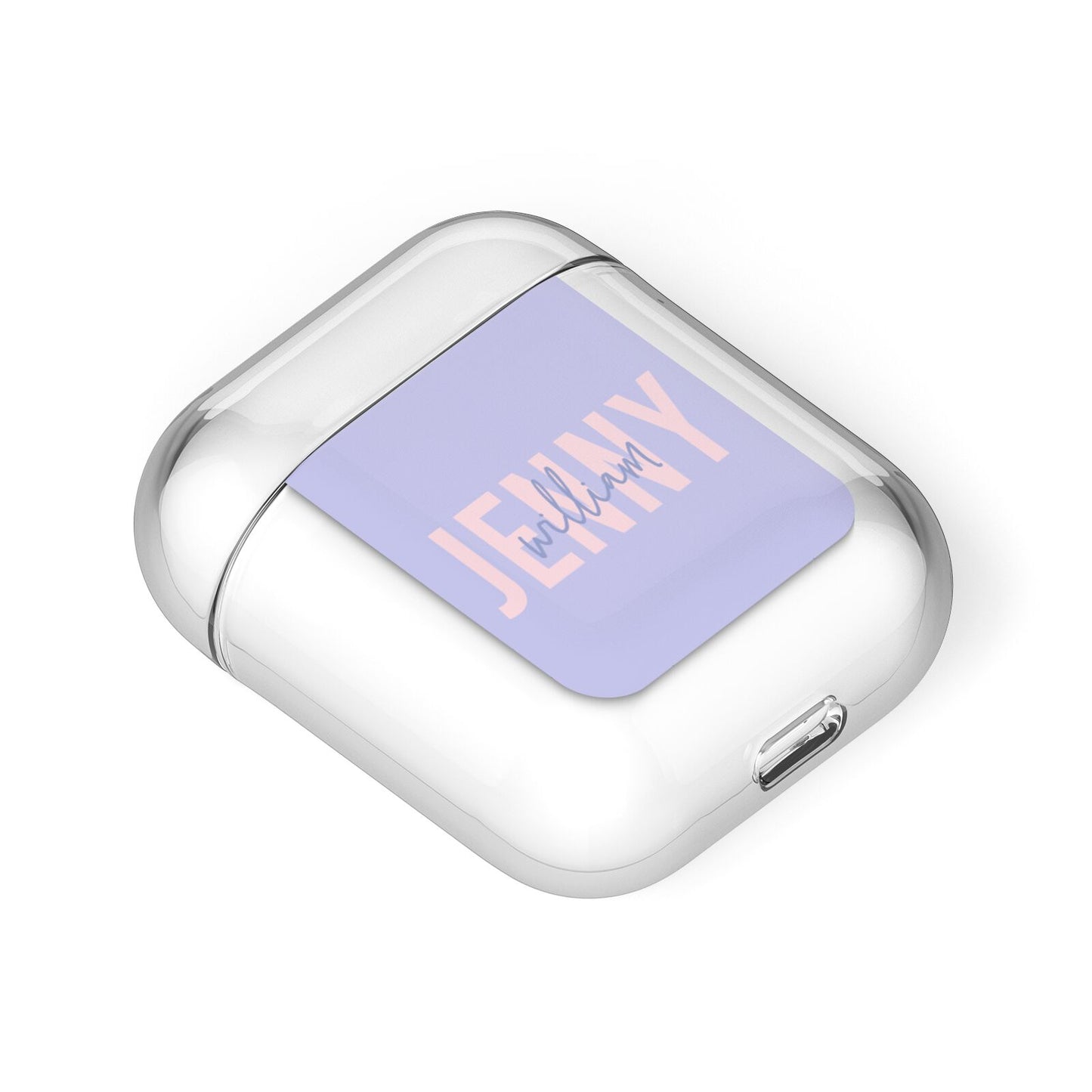 Pastel Pink and Purple Full Name AirPods Case Laid Flat