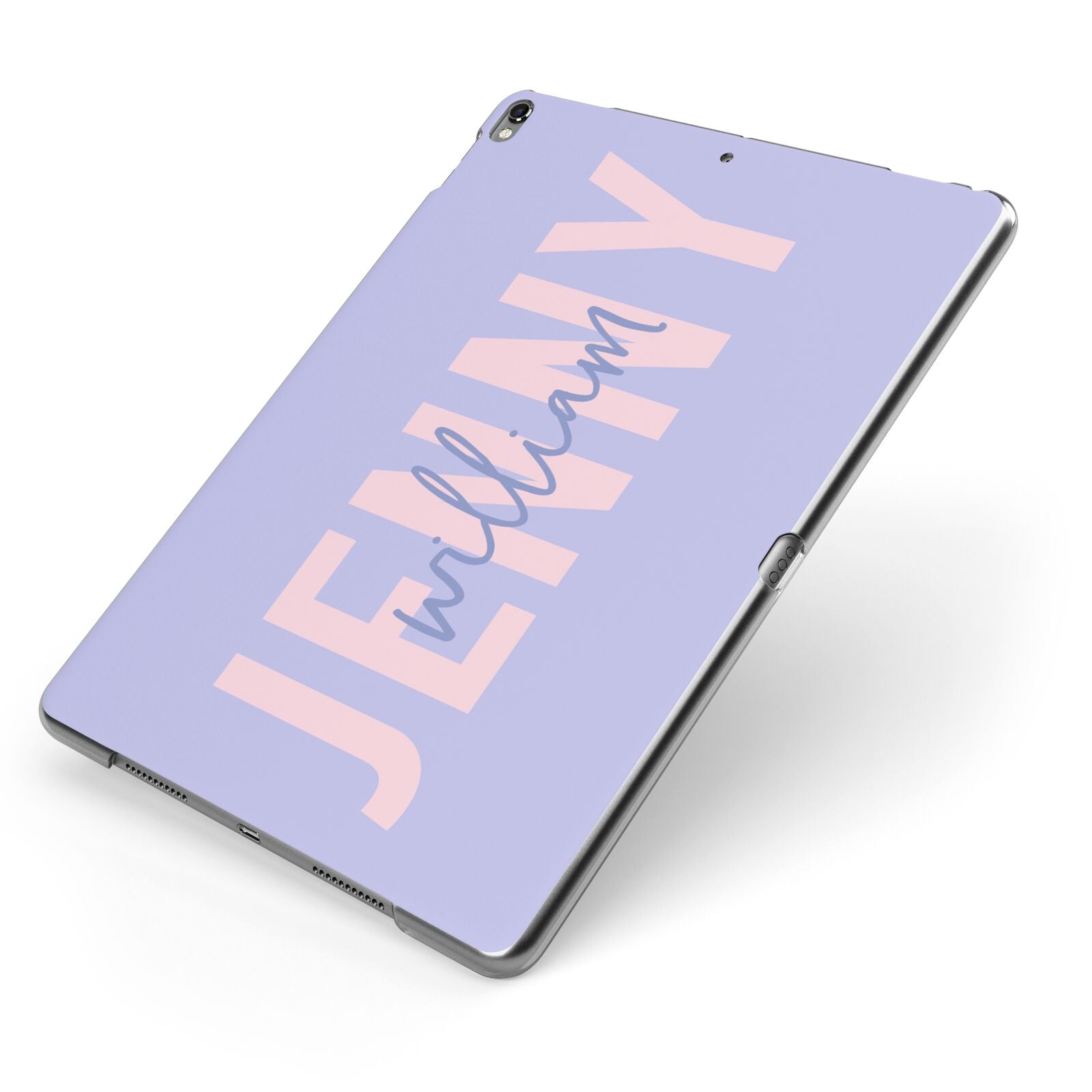 Pastel Pink and Purple Full Name Apple iPad Case on Grey iPad Side View