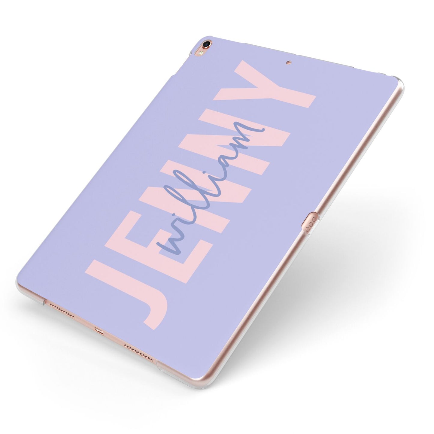 Pastel Pink and Purple Full Name Apple iPad Case on Rose Gold iPad Side View