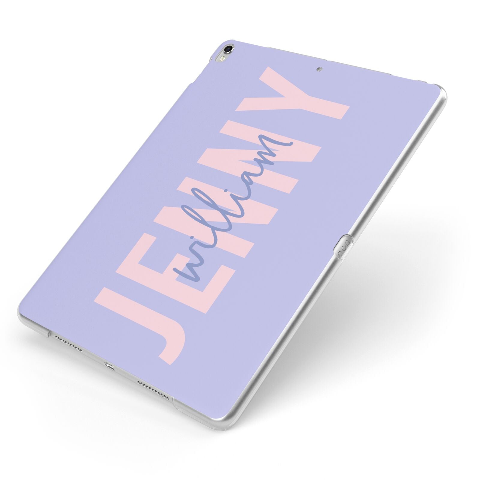 Pastel Pink and Purple Full Name Apple iPad Case on Silver iPad Side View