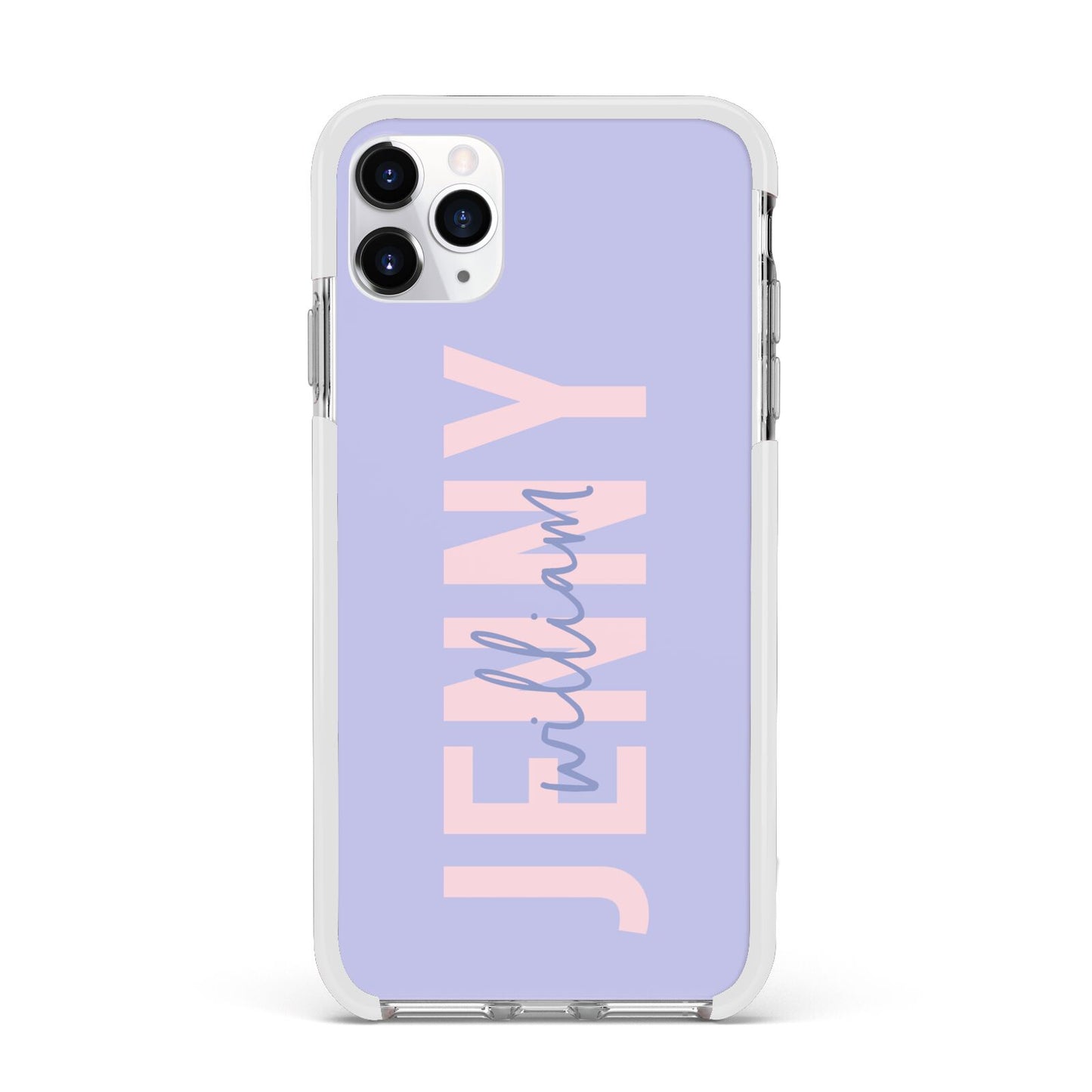 Pastel Pink and Purple Full Name Apple iPhone 11 Pro Max in Silver with White Impact Case