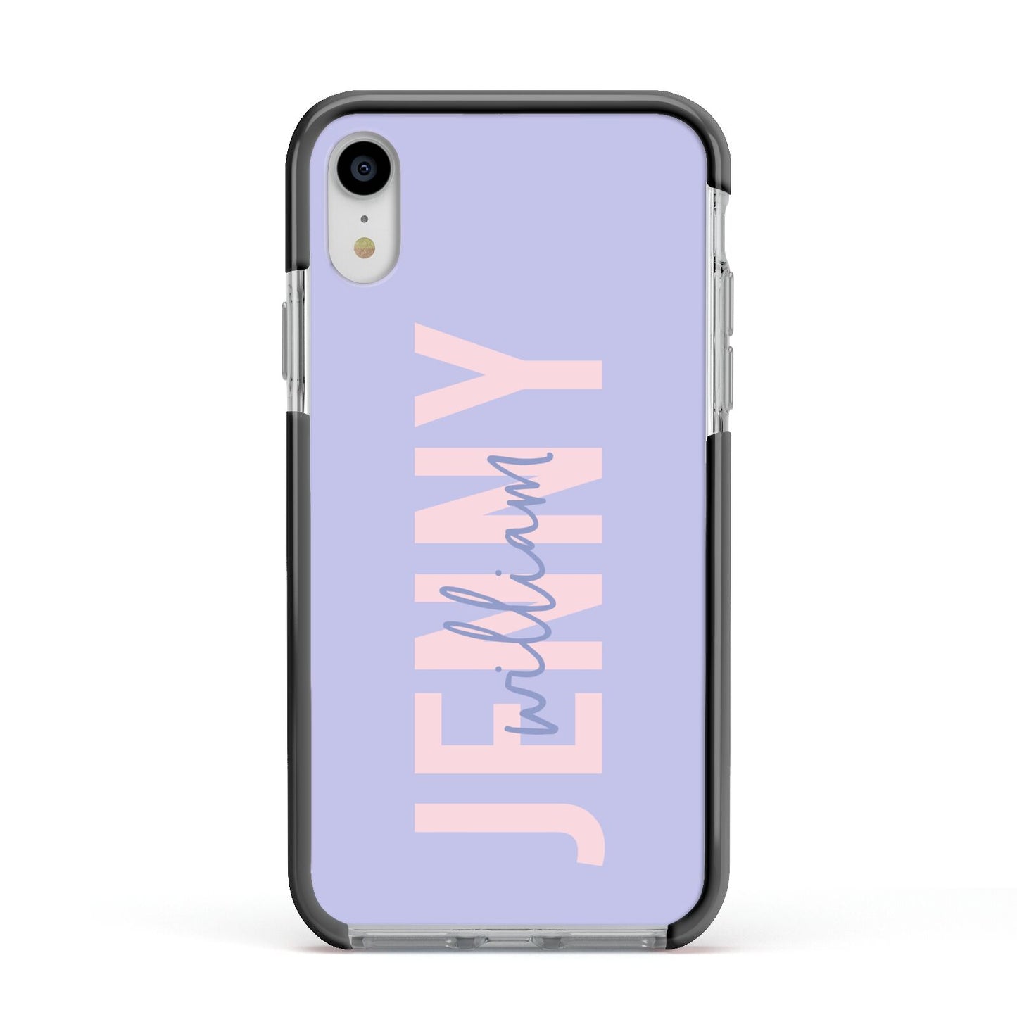 Pastel Pink and Purple Full Name Apple iPhone XR Impact Case Black Edge on Silver Phone