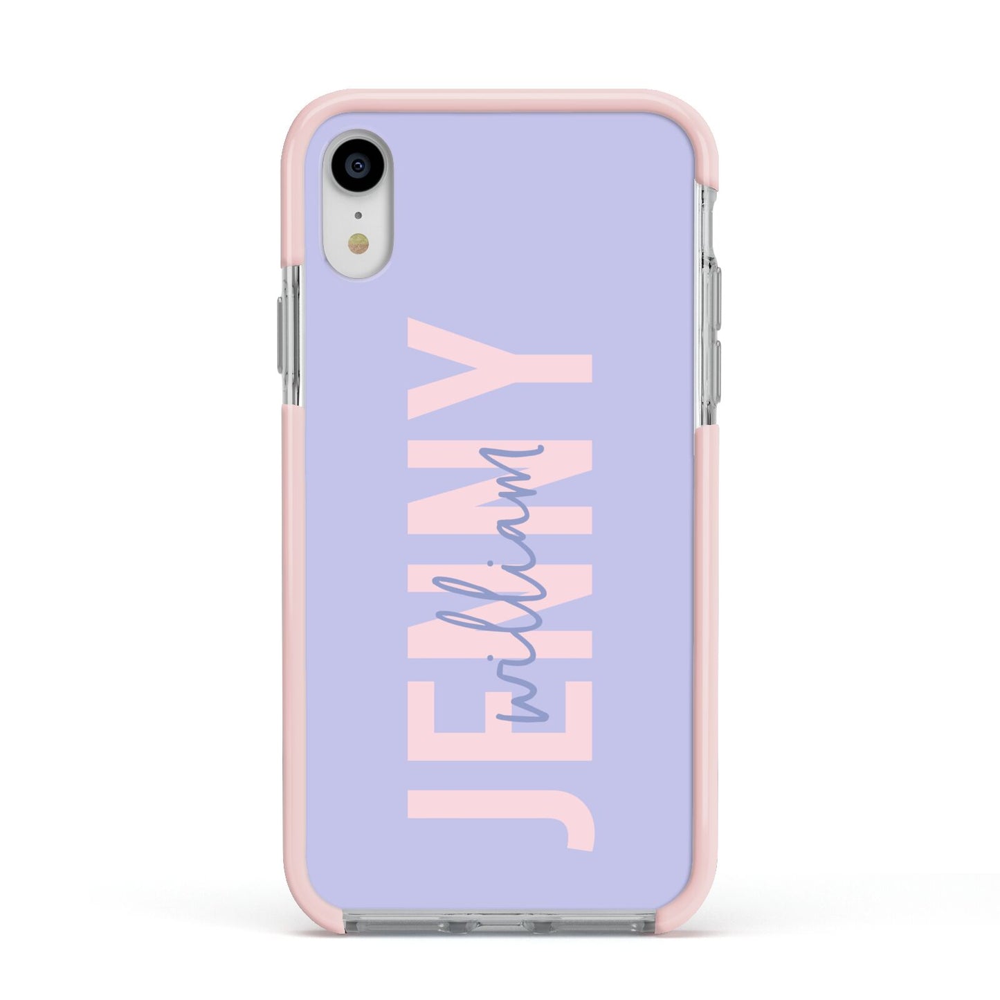 Pastel Pink and Purple Full Name Apple iPhone XR Impact Case Pink Edge on Silver Phone