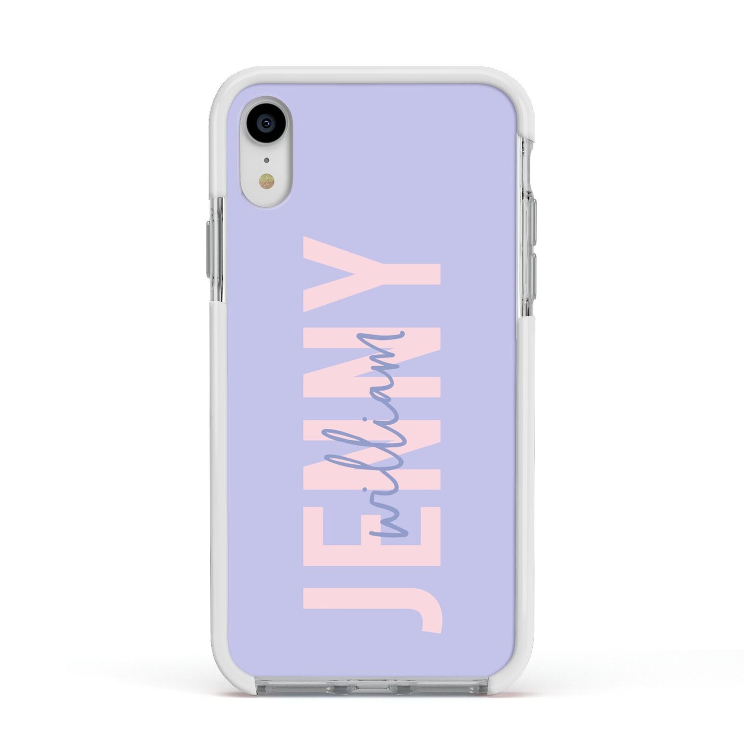 Pastel Pink and Purple Full Name Apple iPhone XR Impact Case White Edge on Silver Phone