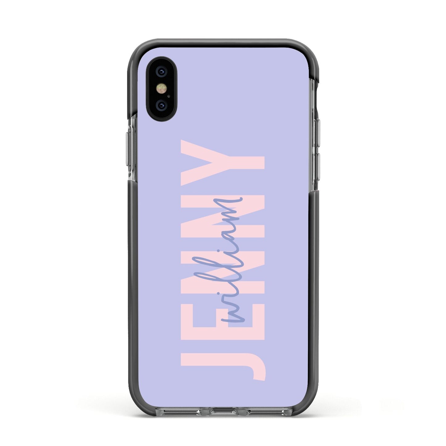 Pastel Pink and Purple Full Name Apple iPhone Xs Impact Case Black Edge on Black Phone