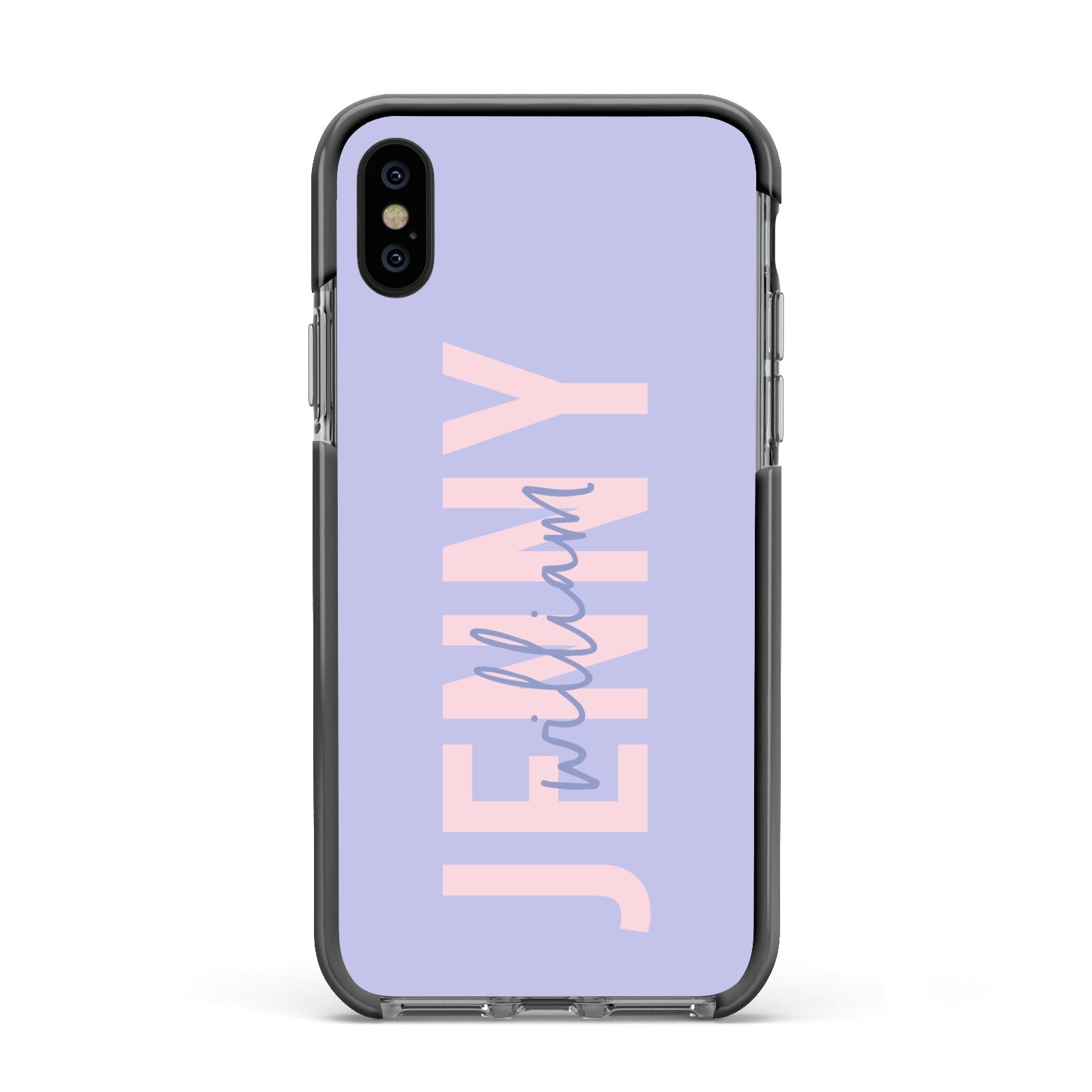 Pastel Pink and Purple Full Name Apple iPhone Xs Impact Case Black Edge on Black Phone