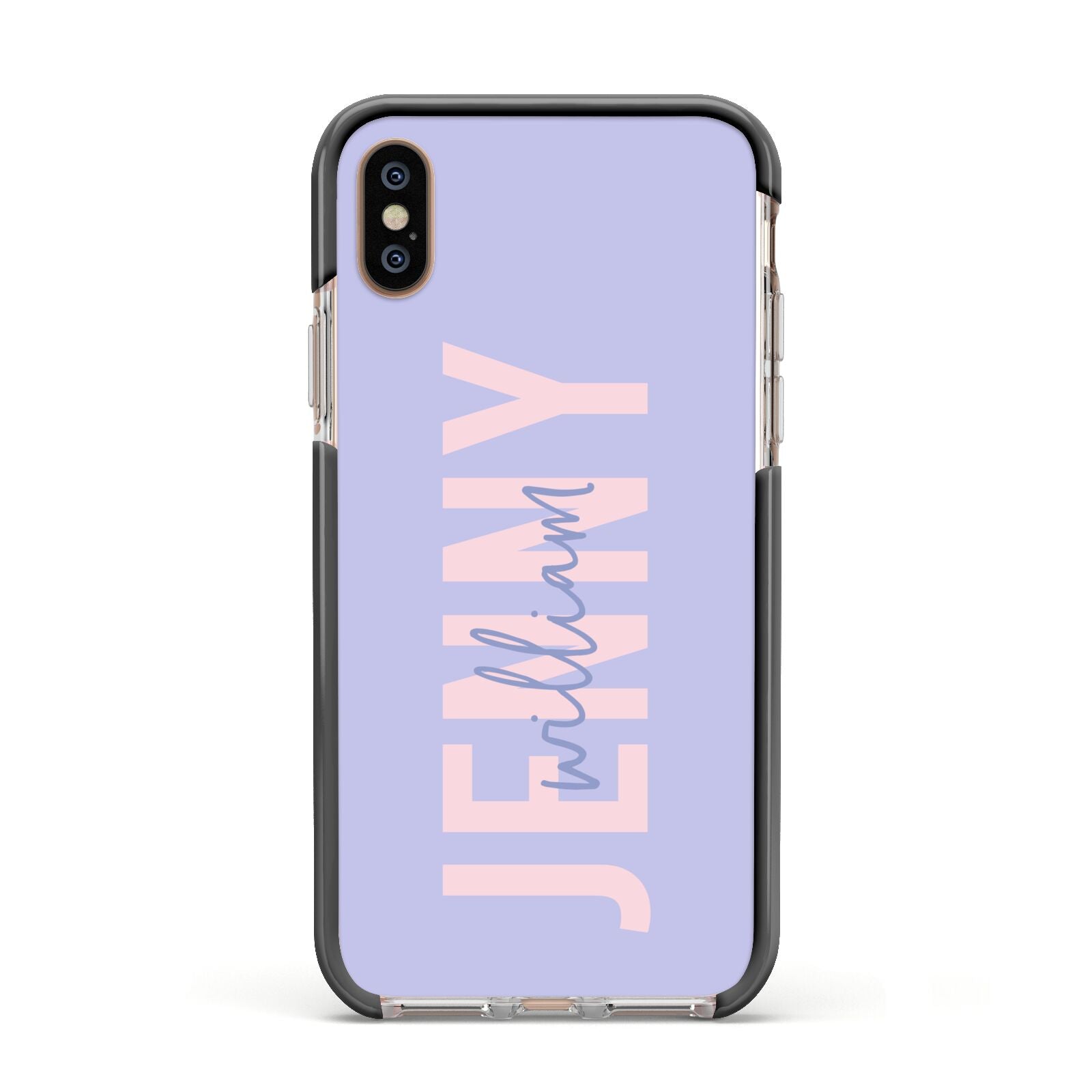 Pastel Pink and Purple Full Name Apple iPhone Xs Impact Case Black Edge on Gold Phone