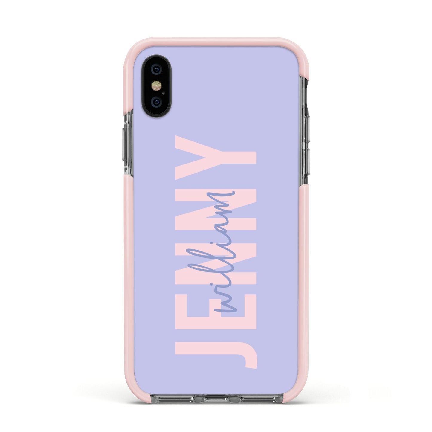 Pastel Pink and Purple Full Name Apple iPhone Xs Impact Case Pink Edge on Black Phone