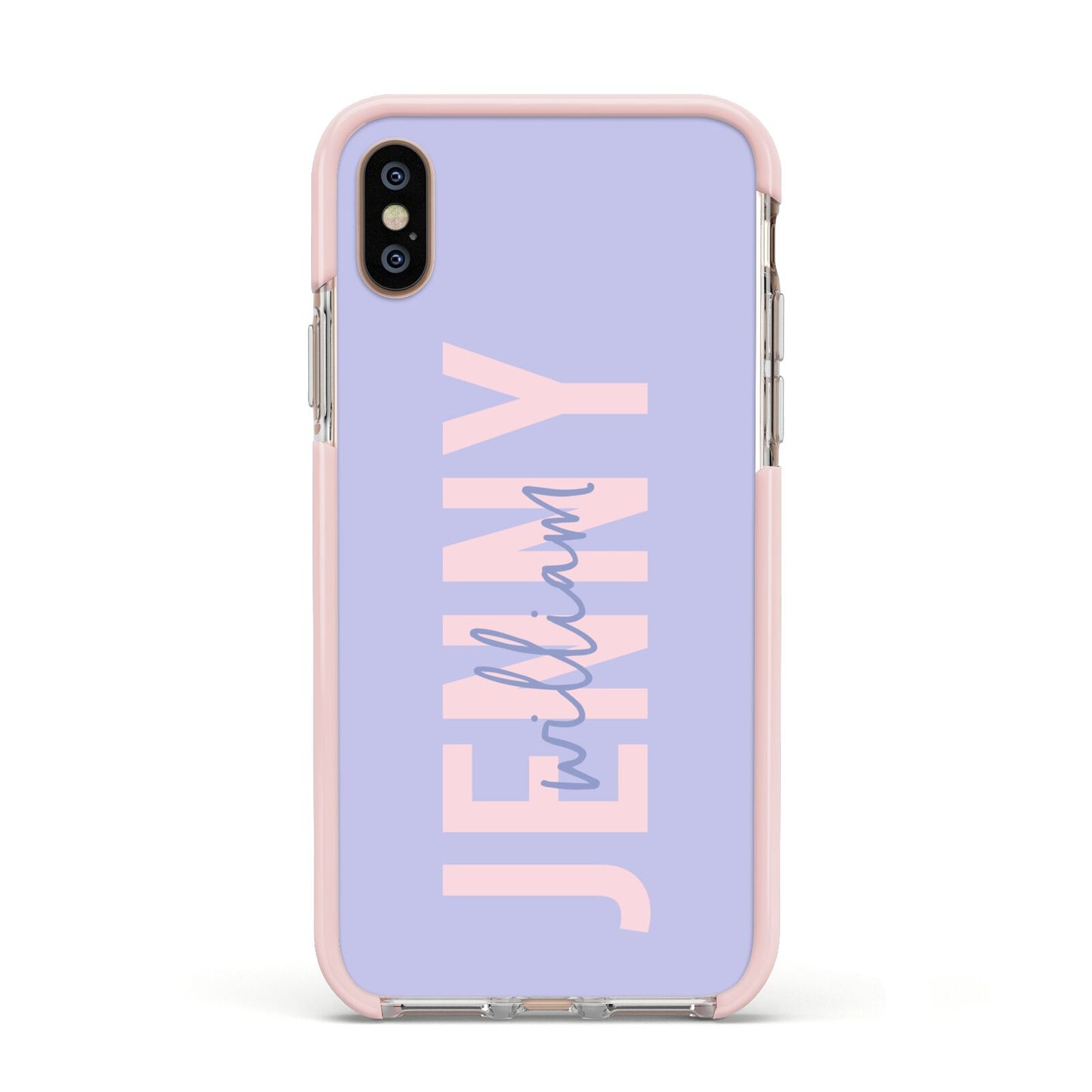 Pastel Pink and Purple Full Name Apple iPhone Xs Impact Case Pink Edge on Gold Phone