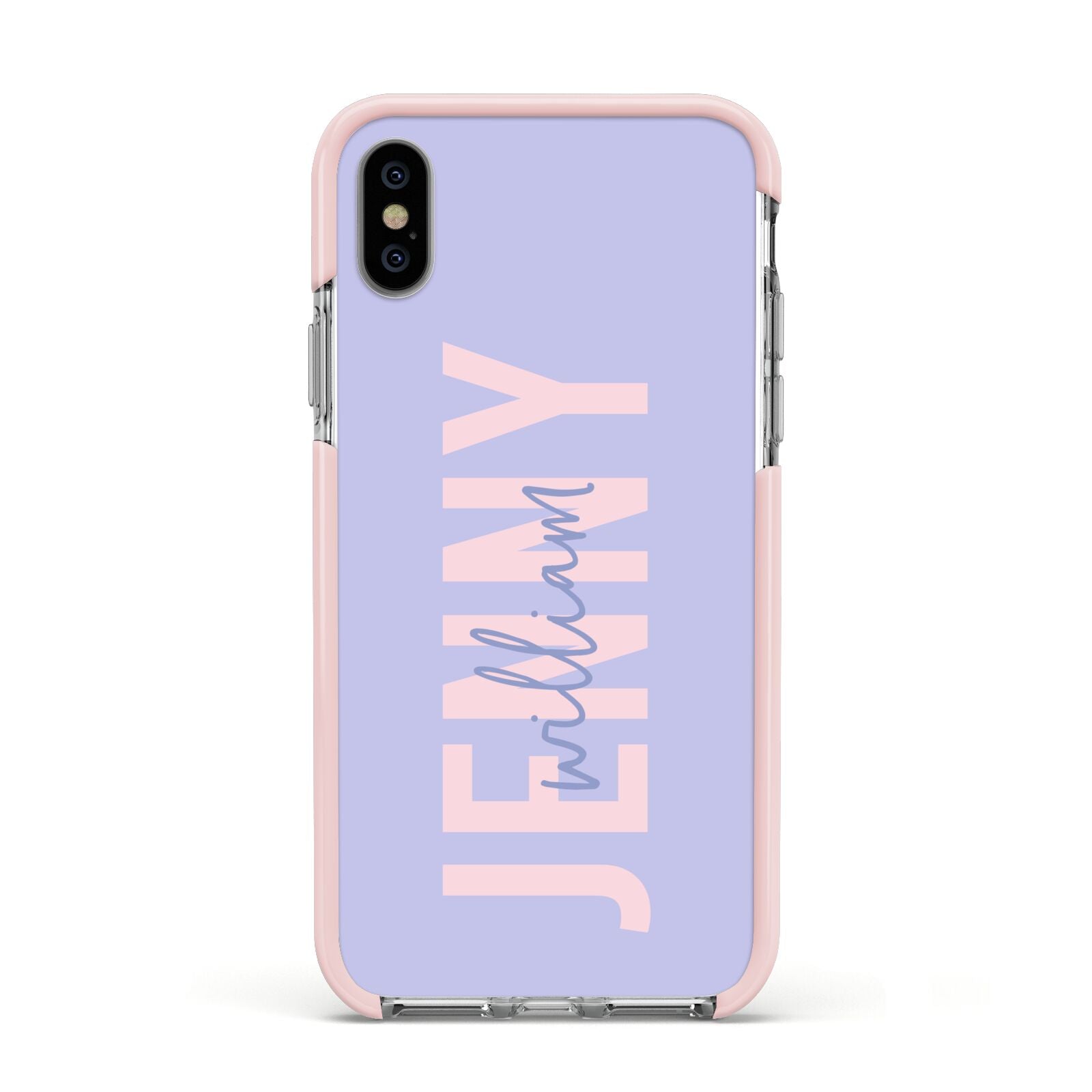 Pastel Pink and Purple Full Name Apple iPhone Xs Impact Case Pink Edge on Silver Phone