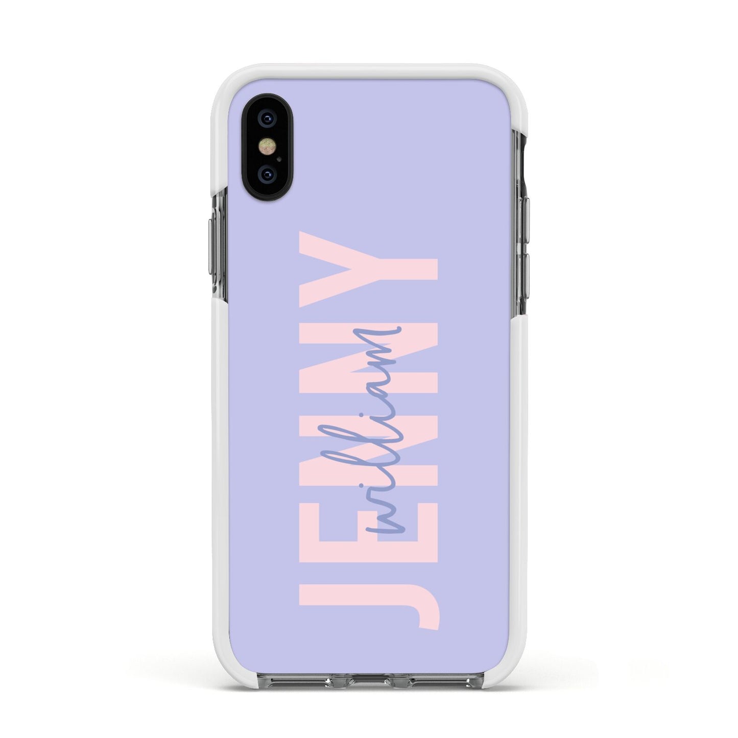 Pastel Pink and Purple Full Name Apple iPhone Xs Impact Case White Edge on Black Phone