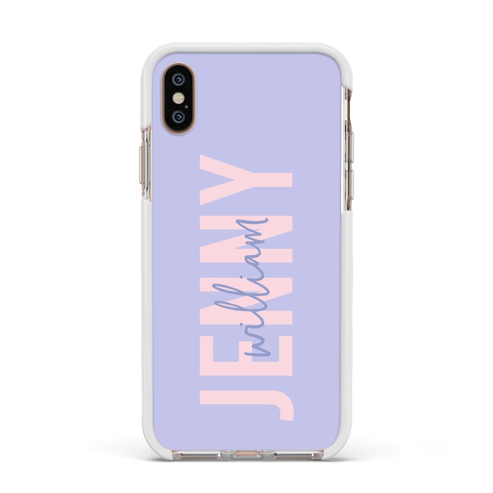 Pastel Pink and Purple Full Name Apple iPhone Xs Impact Case White Edge on Gold Phone