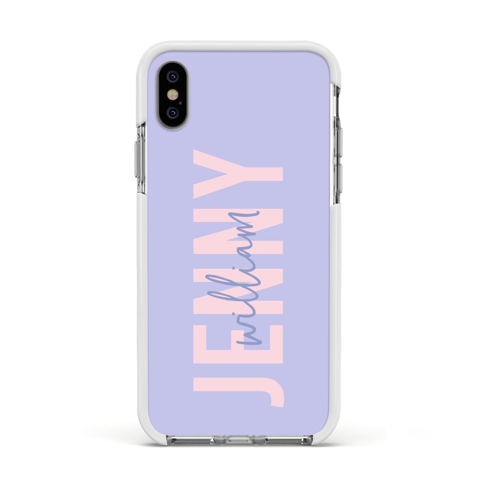 Pastel Pink and Purple Full Name Apple iPhone Xs Impact Case White Edge on Silver Phone