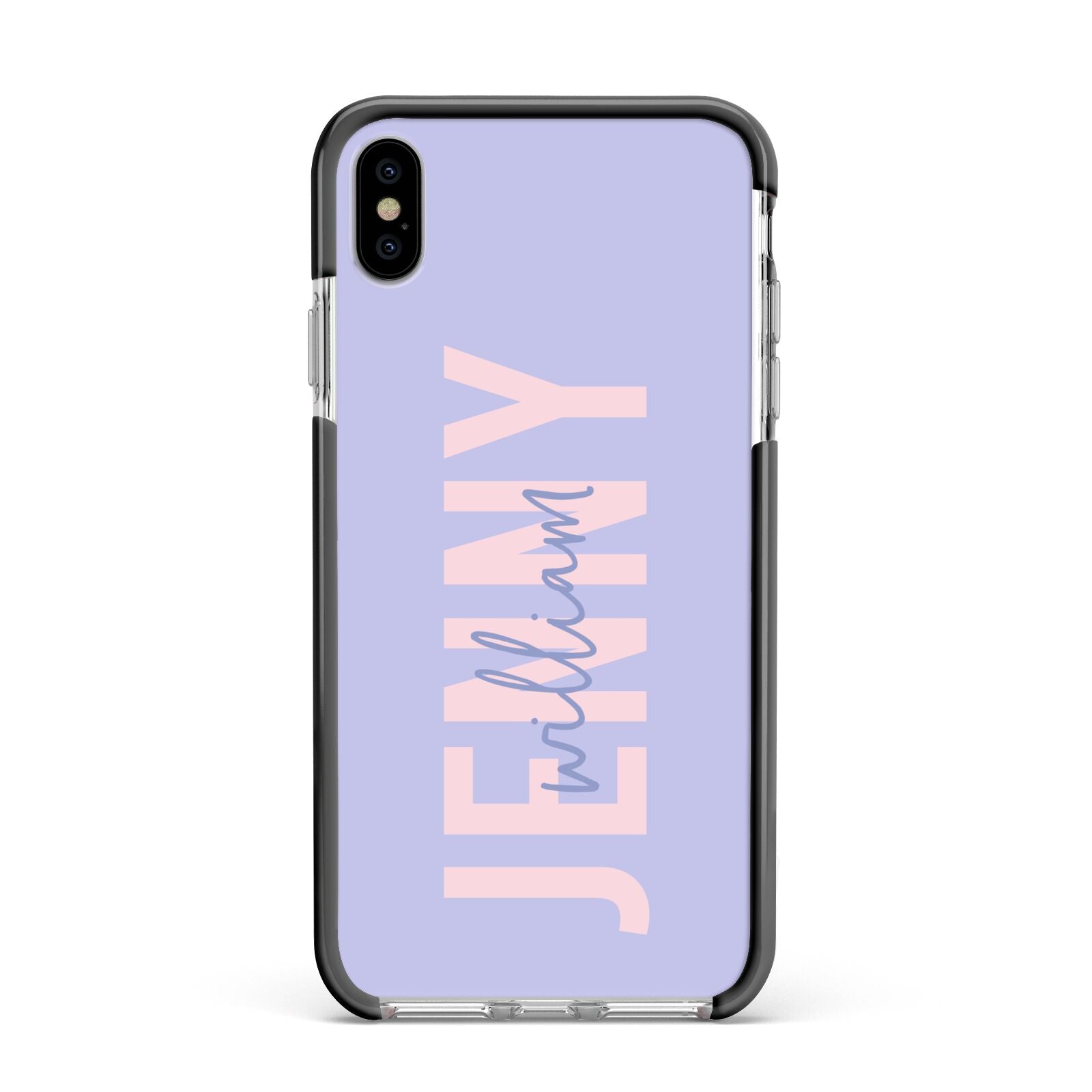 Pastel Pink and Purple Full Name Apple iPhone Xs Max Impact Case Black Edge on Silver Phone