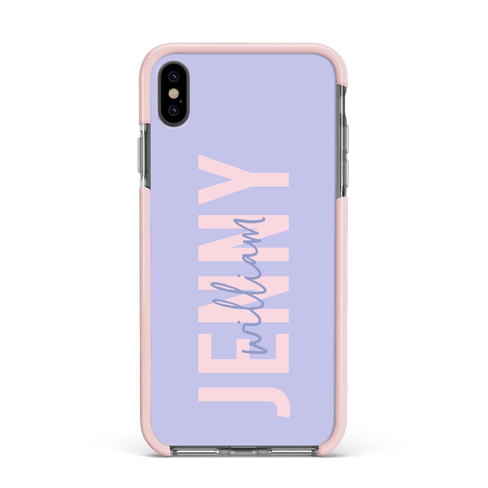 Pastel Pink and Purple Full Name Apple iPhone Xs Max Impact Case Pink Edge on Black Phone