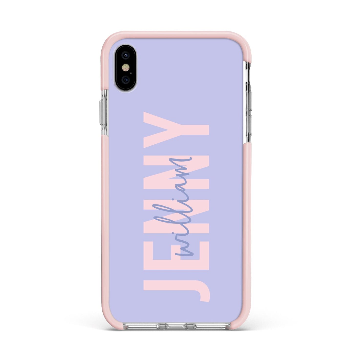 Pastel Pink and Purple Full Name Apple iPhone Xs Max Impact Case Pink Edge on Silver Phone