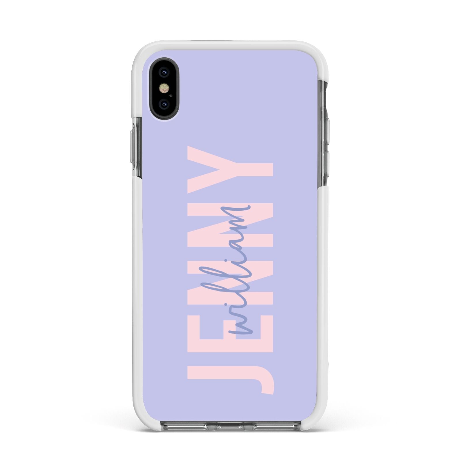 Pastel Pink and Purple Full Name Apple iPhone Xs Max Impact Case White Edge on Black Phone