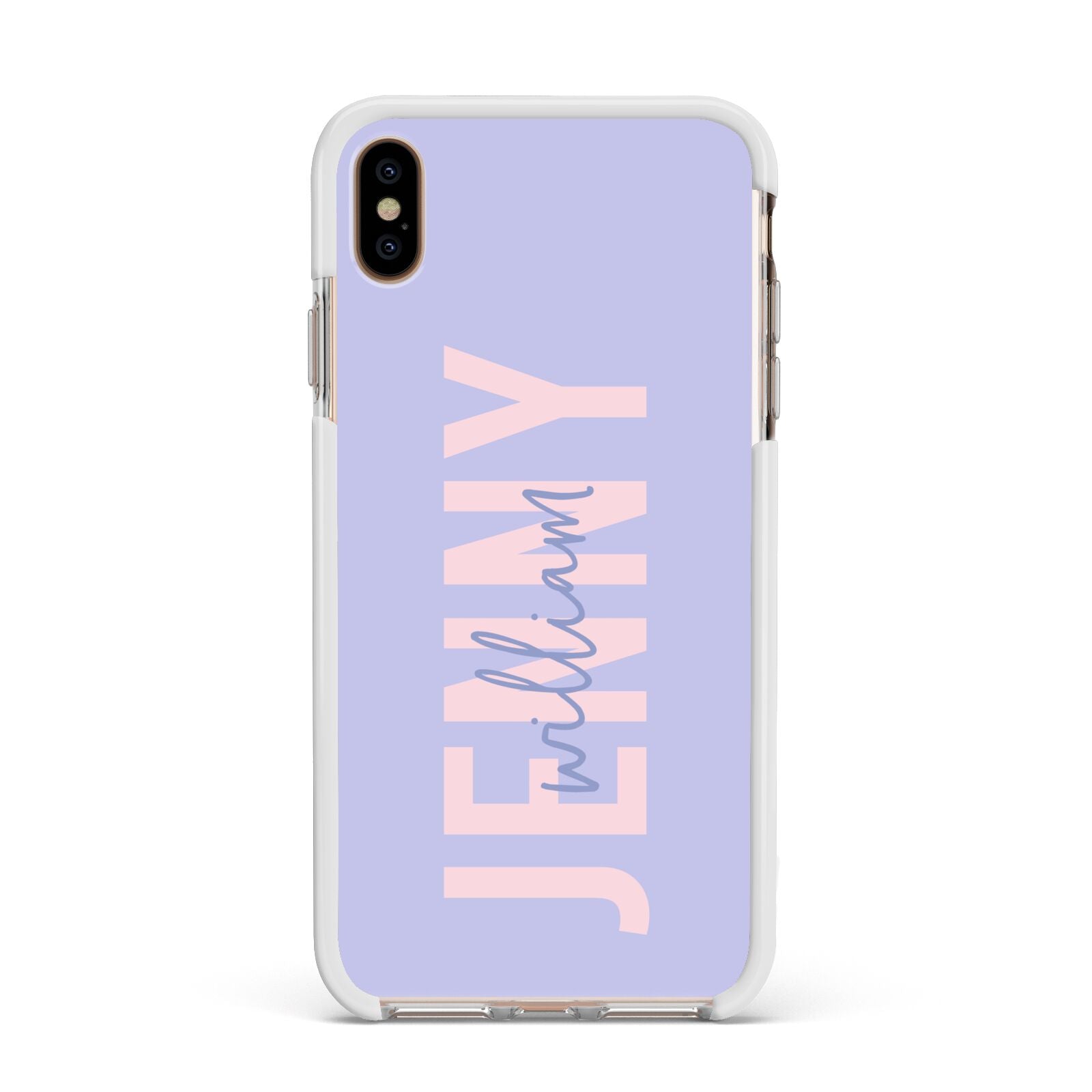 Pastel Pink and Purple Full Name Apple iPhone Xs Max Impact Case White Edge on Gold Phone