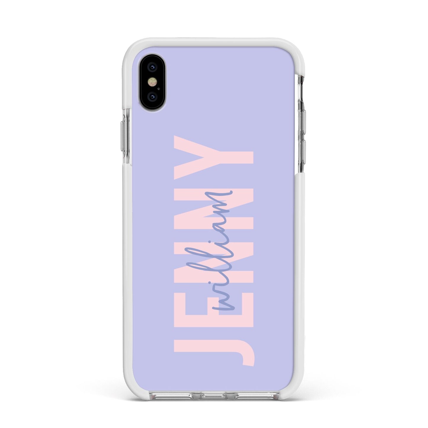 Pastel Pink and Purple Full Name Apple iPhone Xs Max Impact Case White Edge on Silver Phone