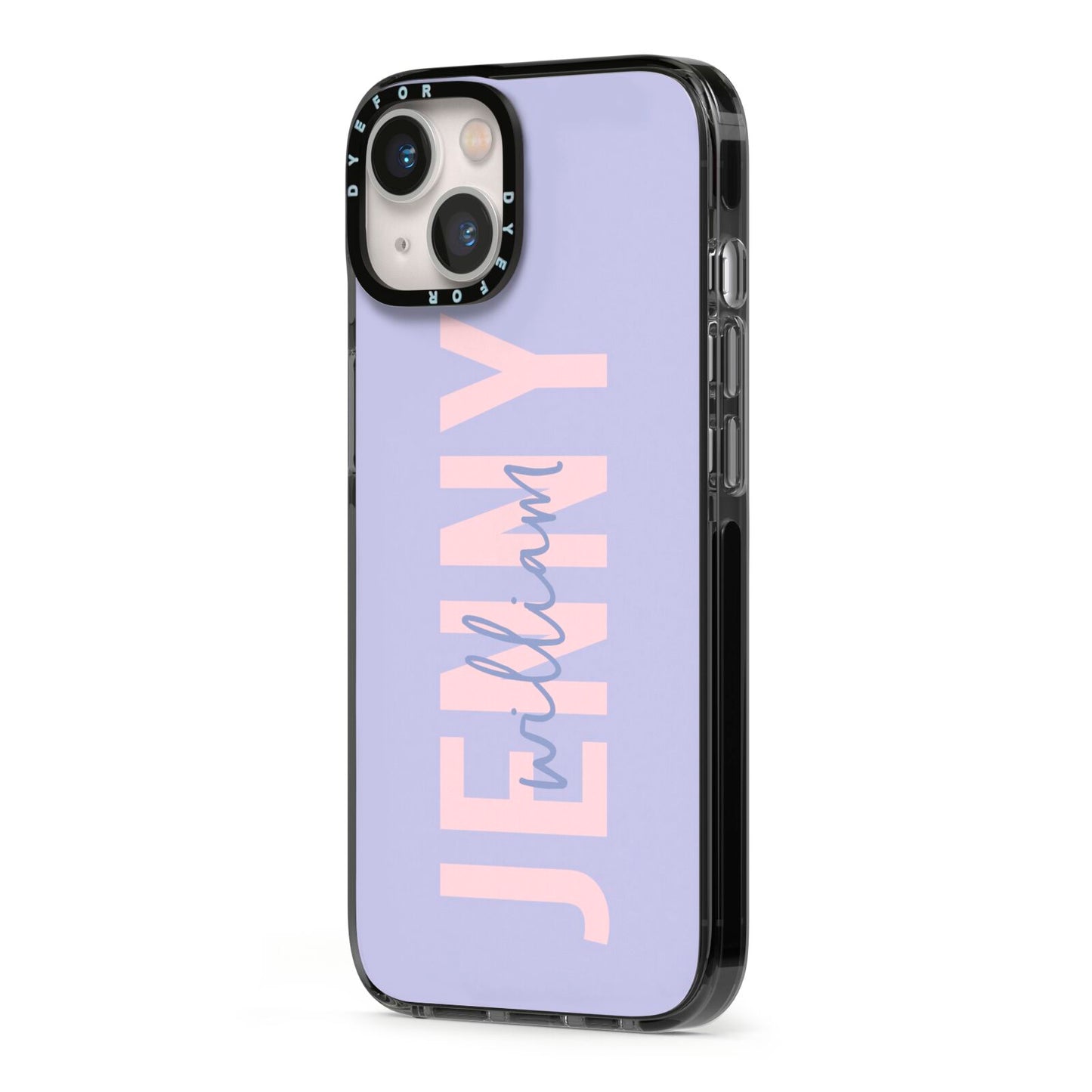 Pastel Pink and Purple Full Name iPhone 13 Black Impact Case Side Angle on Silver phone