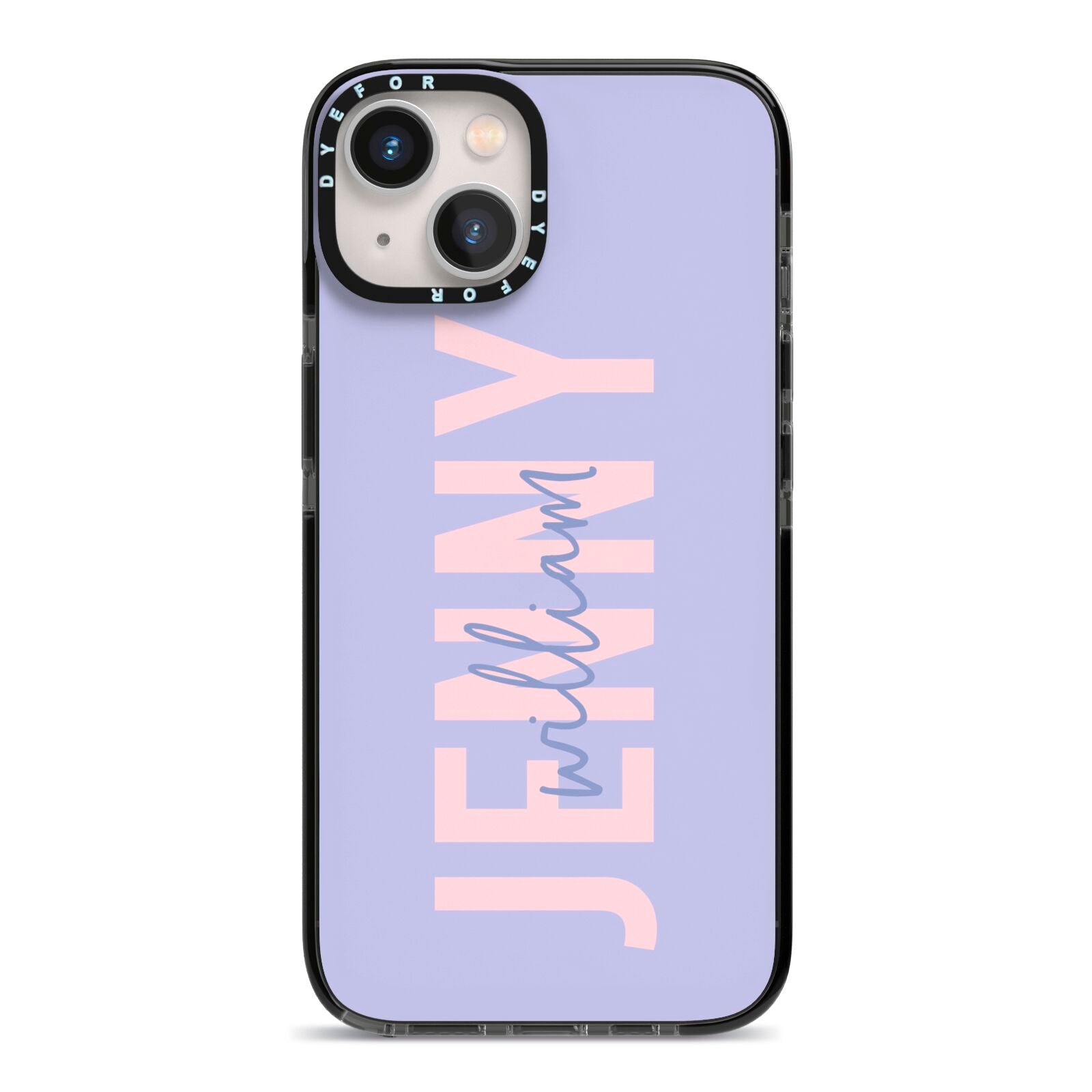 Pastel Pink and Purple Full Name iPhone 13 Black Impact Case on Silver phone