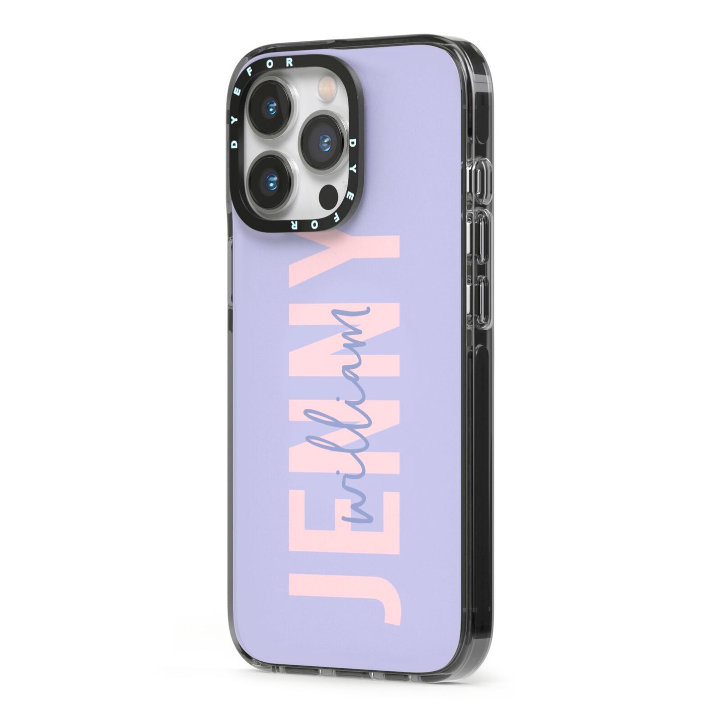 Pastel Pink and Purple Full Name iPhone 13 Pro Black Impact Case Side Angle on Silver phone