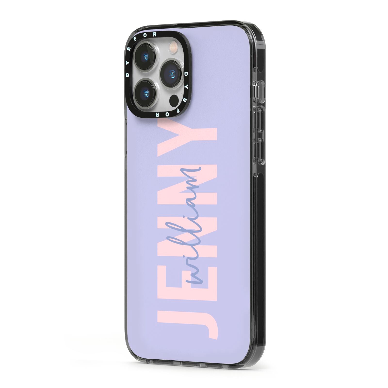 Pastel Pink and Purple Full Name iPhone 13 Pro Max Black Impact Case Side Angle on Silver phone