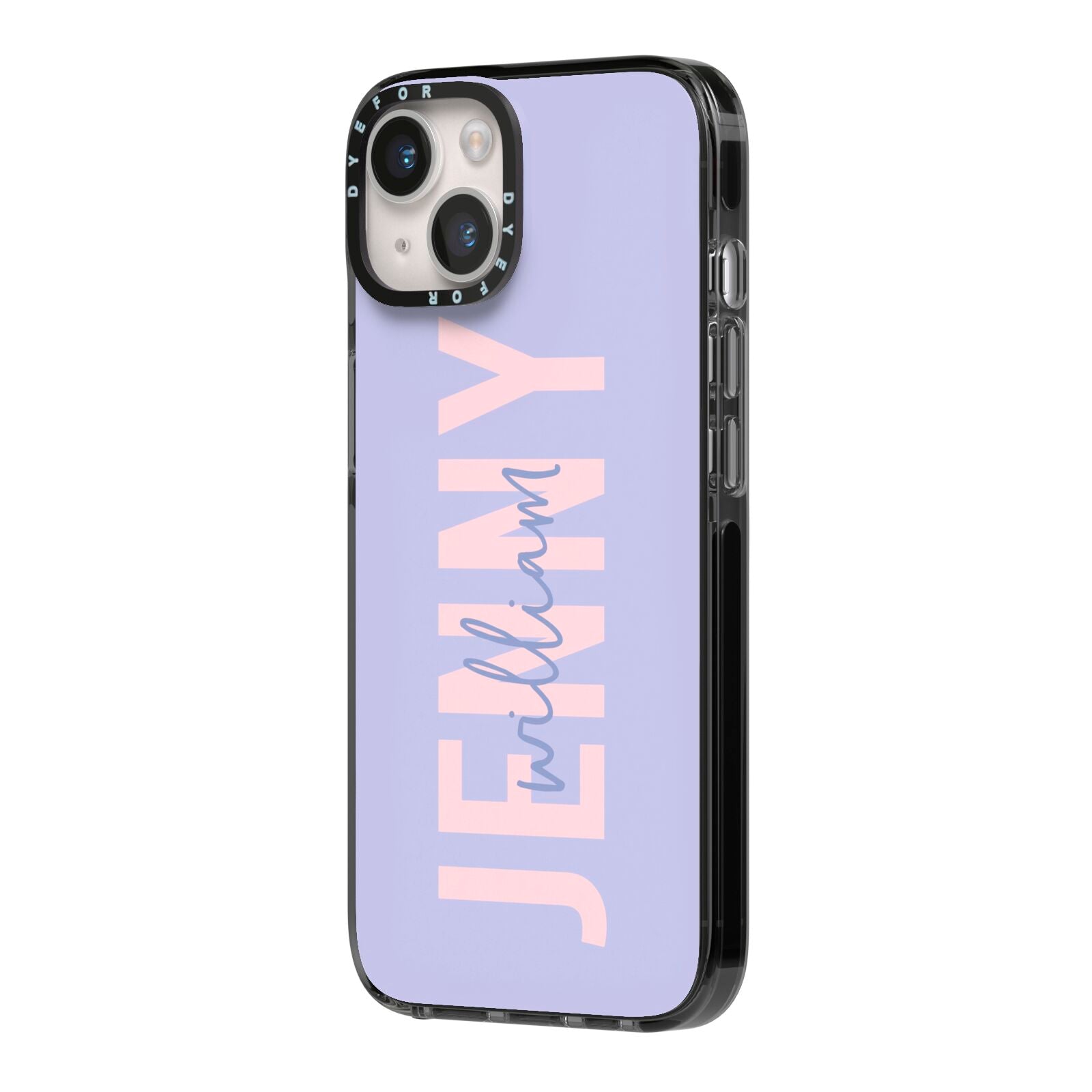 Pastel Pink and Purple Full Name iPhone 14 Black Impact Case Side Angle on Silver phone