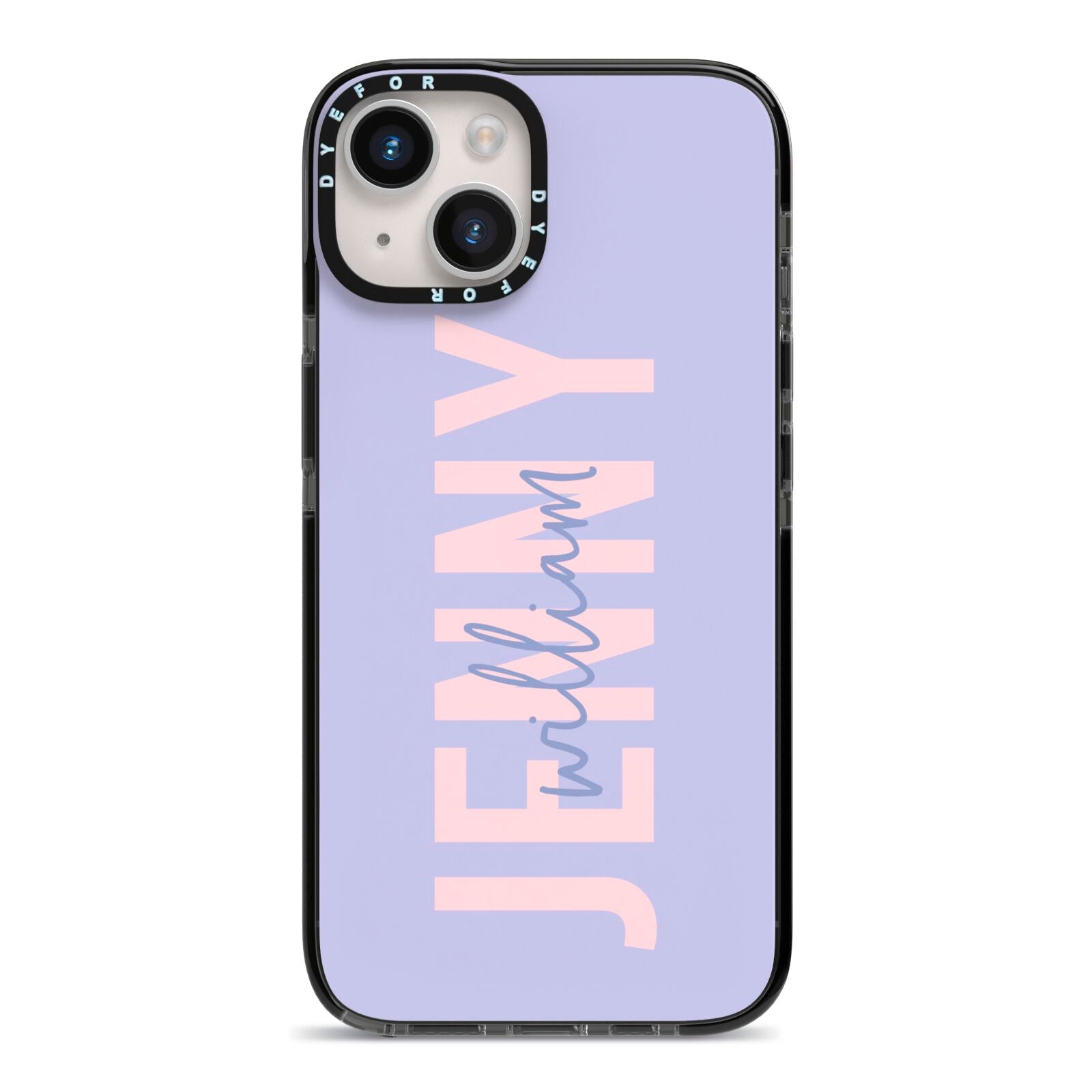 Pastel Pink and Purple Full Name iPhone 14 Black Impact Case on Silver phone