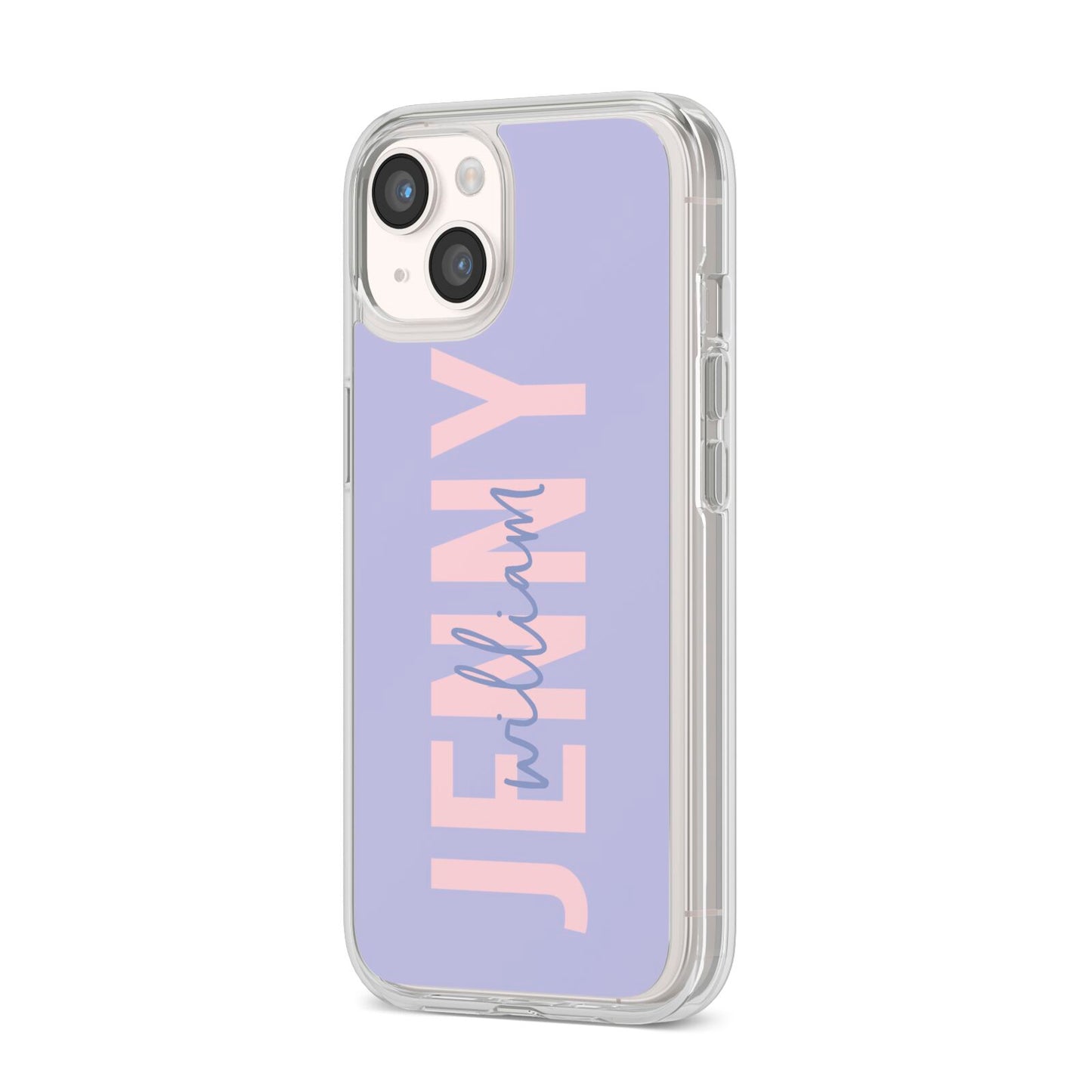 Pastel Pink and Purple Full Name iPhone 14 Clear Tough Case Starlight Angled Image