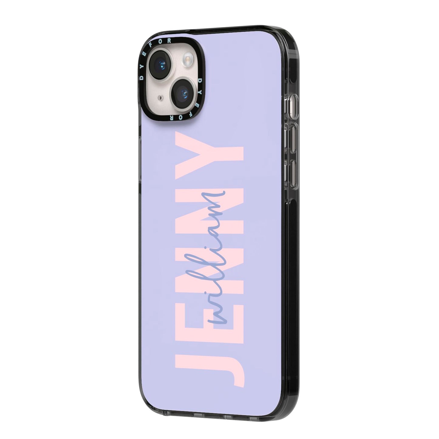 Pastel Pink and Purple Full Name iPhone 14 Plus Black Impact Case Side Angle on Silver phone