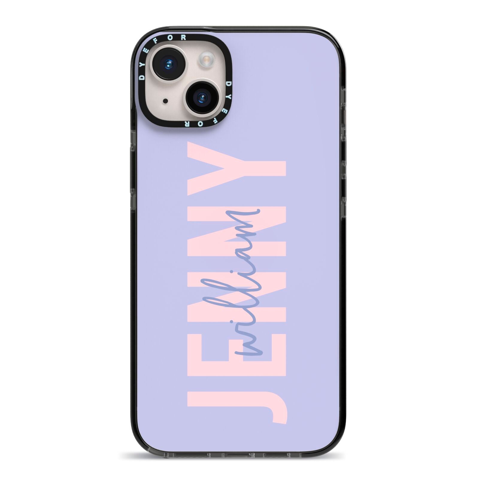 Pastel Pink and Purple Full Name iPhone 14 Plus Black Impact Case on Silver phone