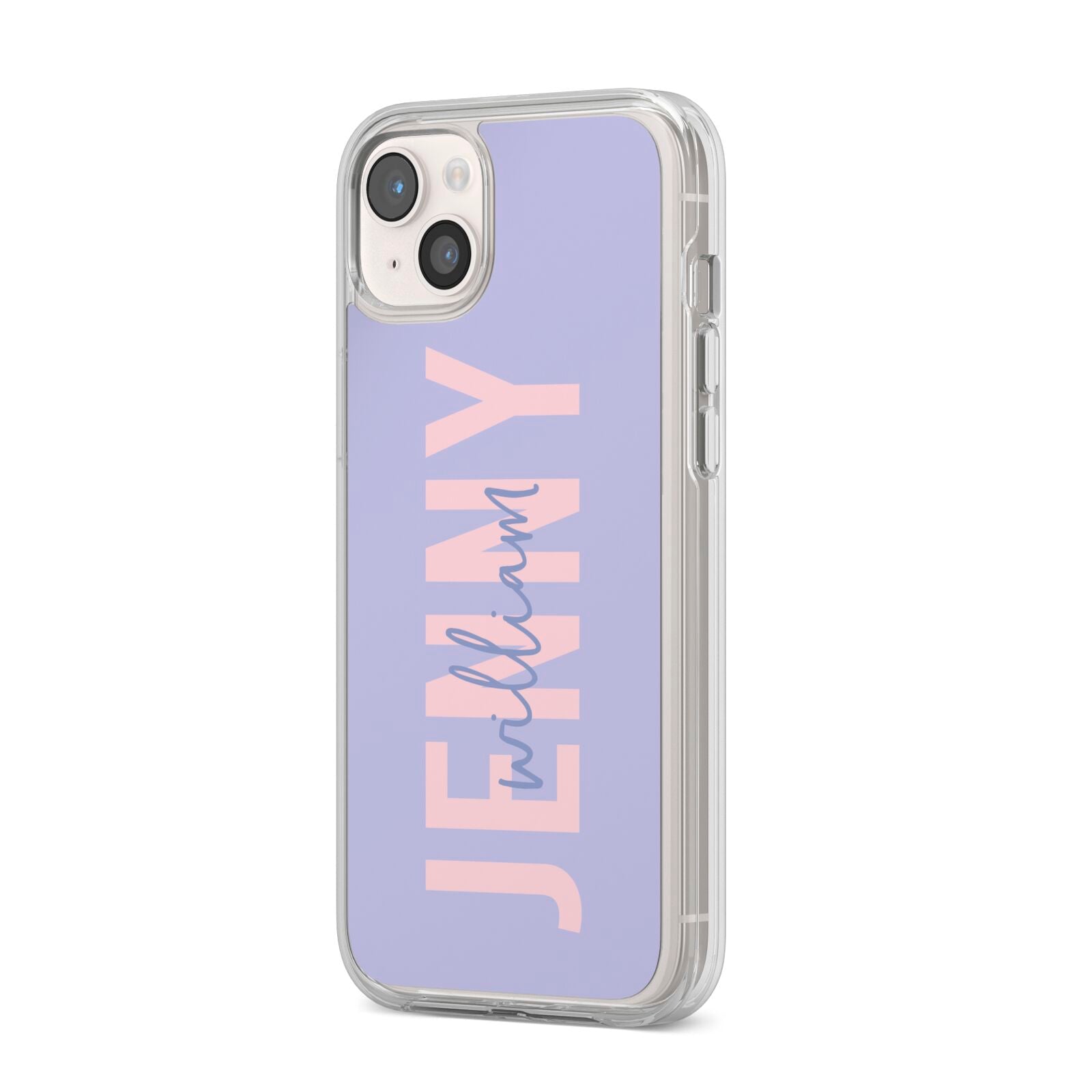 Pastel Pink and Purple Full Name iPhone 14 Plus Clear Tough Case Starlight Angled Image