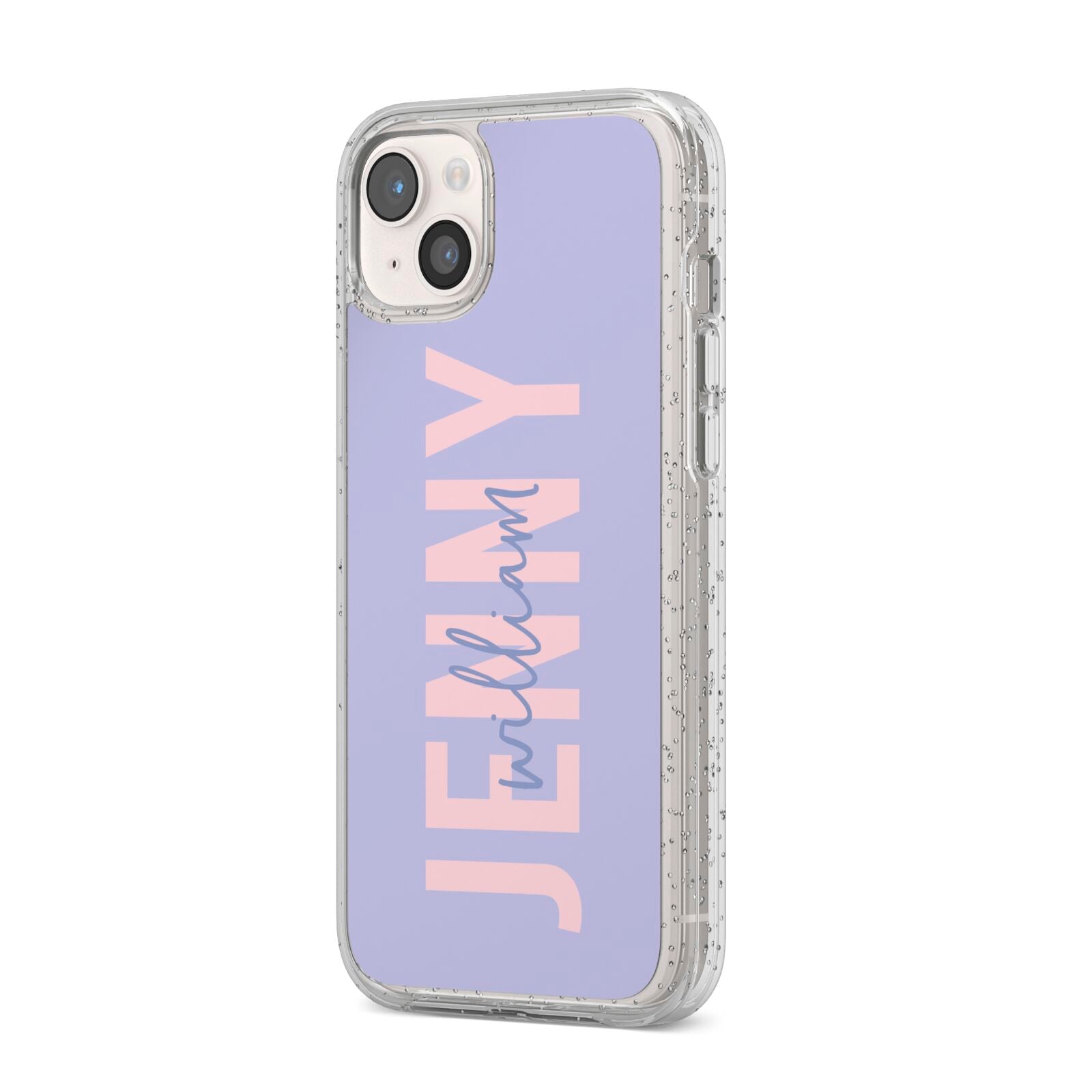 Pastel Pink and Purple Full Name iPhone 14 Plus Glitter Tough Case Starlight Angled Image