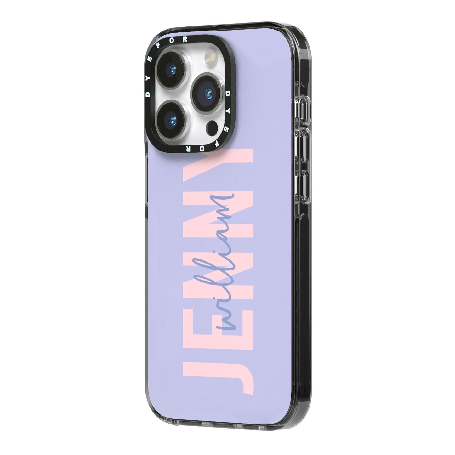 Pastel Pink and Purple Full Name iPhone 14 Pro Black Impact Case Side Angle on Silver phone