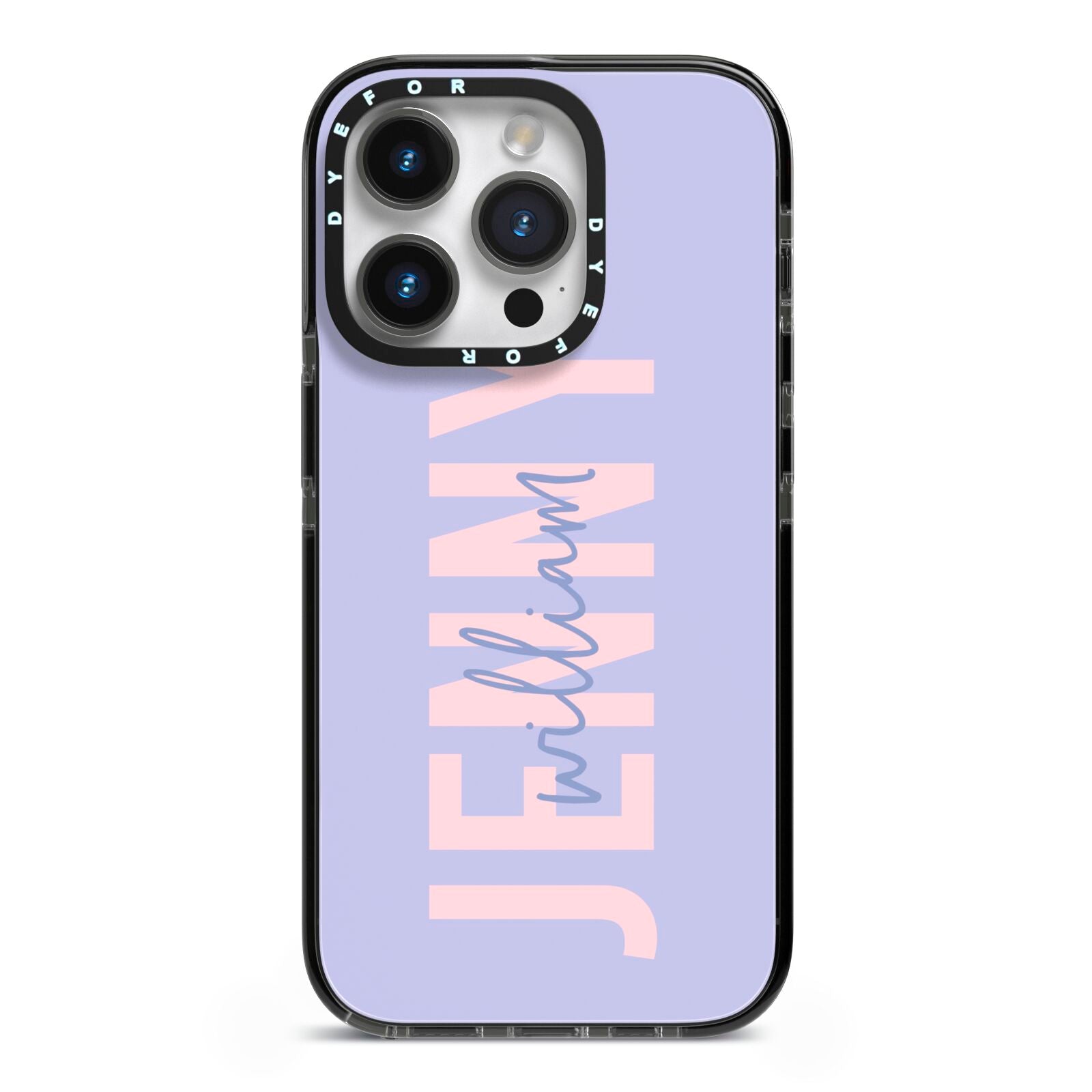 Pastel Pink and Purple Full Name iPhone 14 Pro Black Impact Case on Silver phone