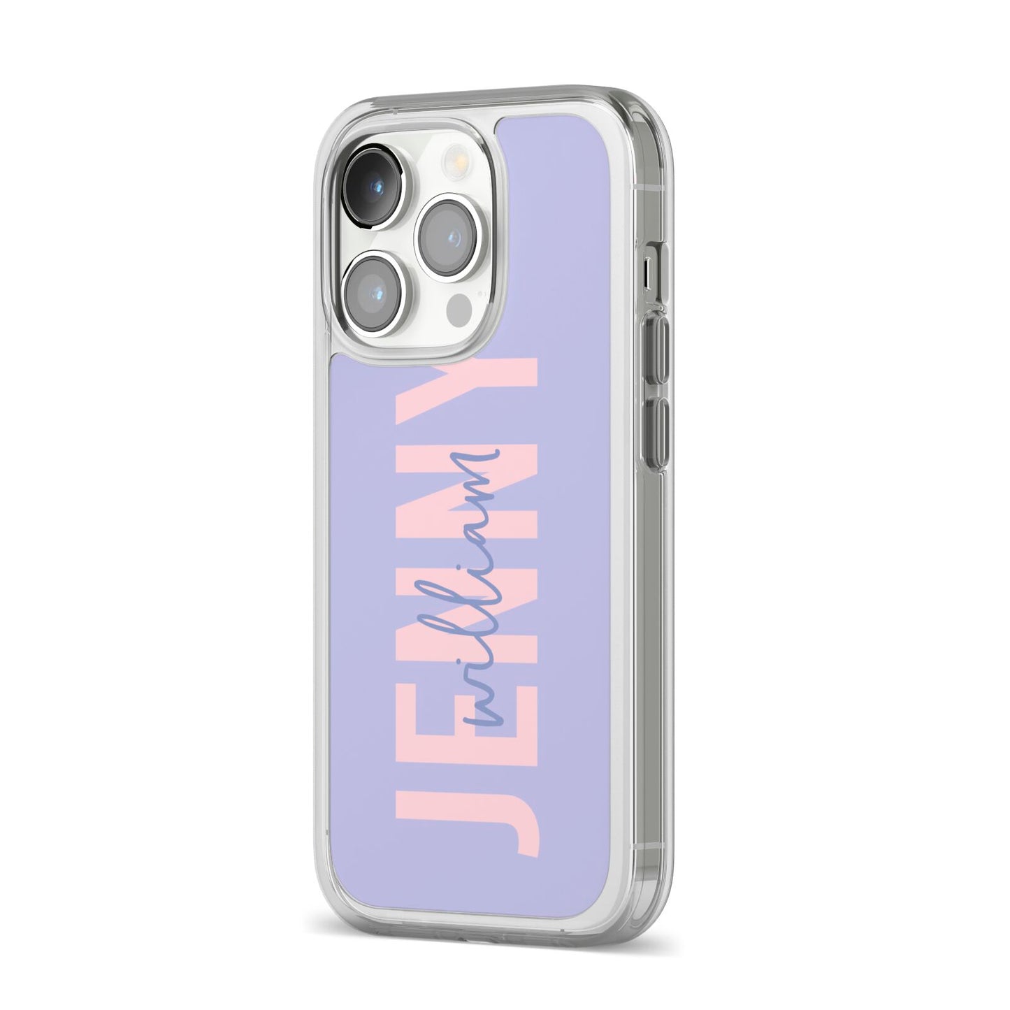 Pastel Pink and Purple Full Name iPhone 14 Pro Clear Tough Case Silver Angled Image