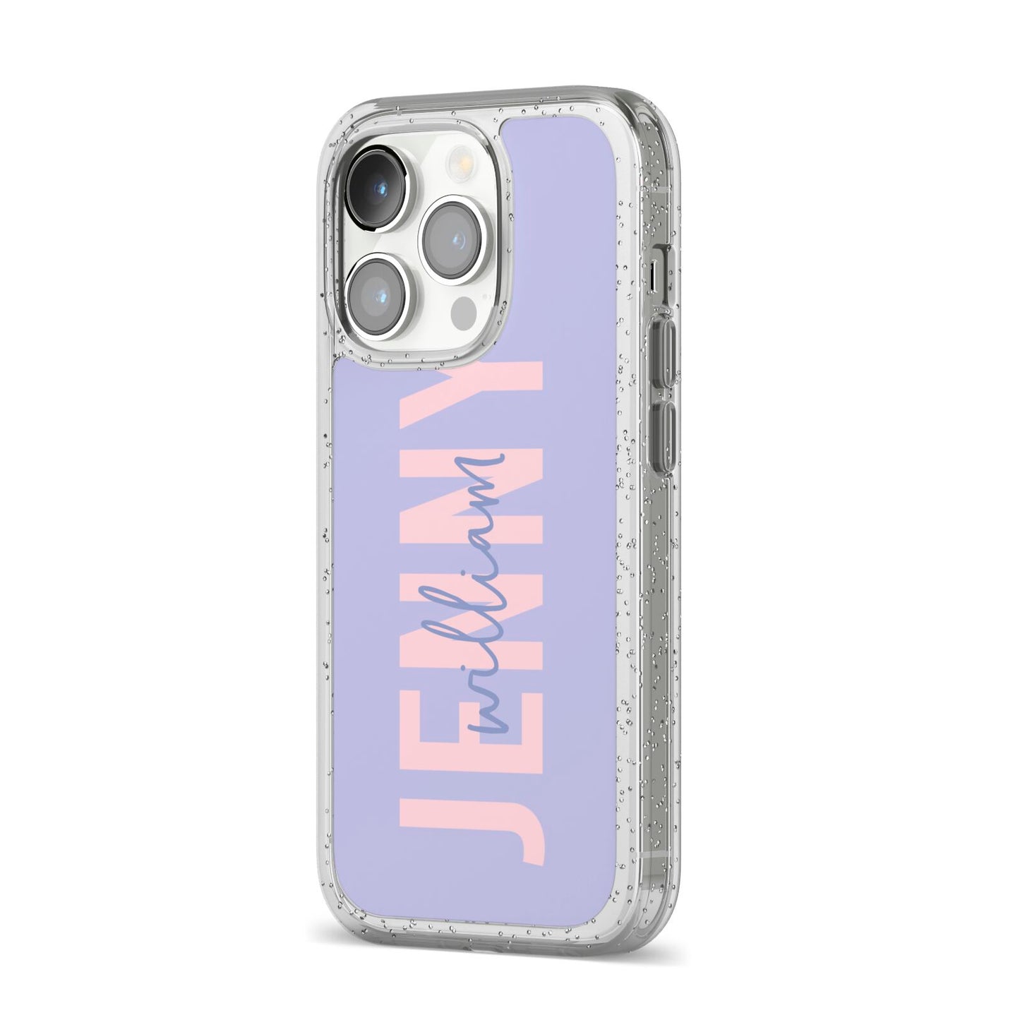 Pastel Pink and Purple Full Name iPhone 14 Pro Glitter Tough Case Silver Angled Image