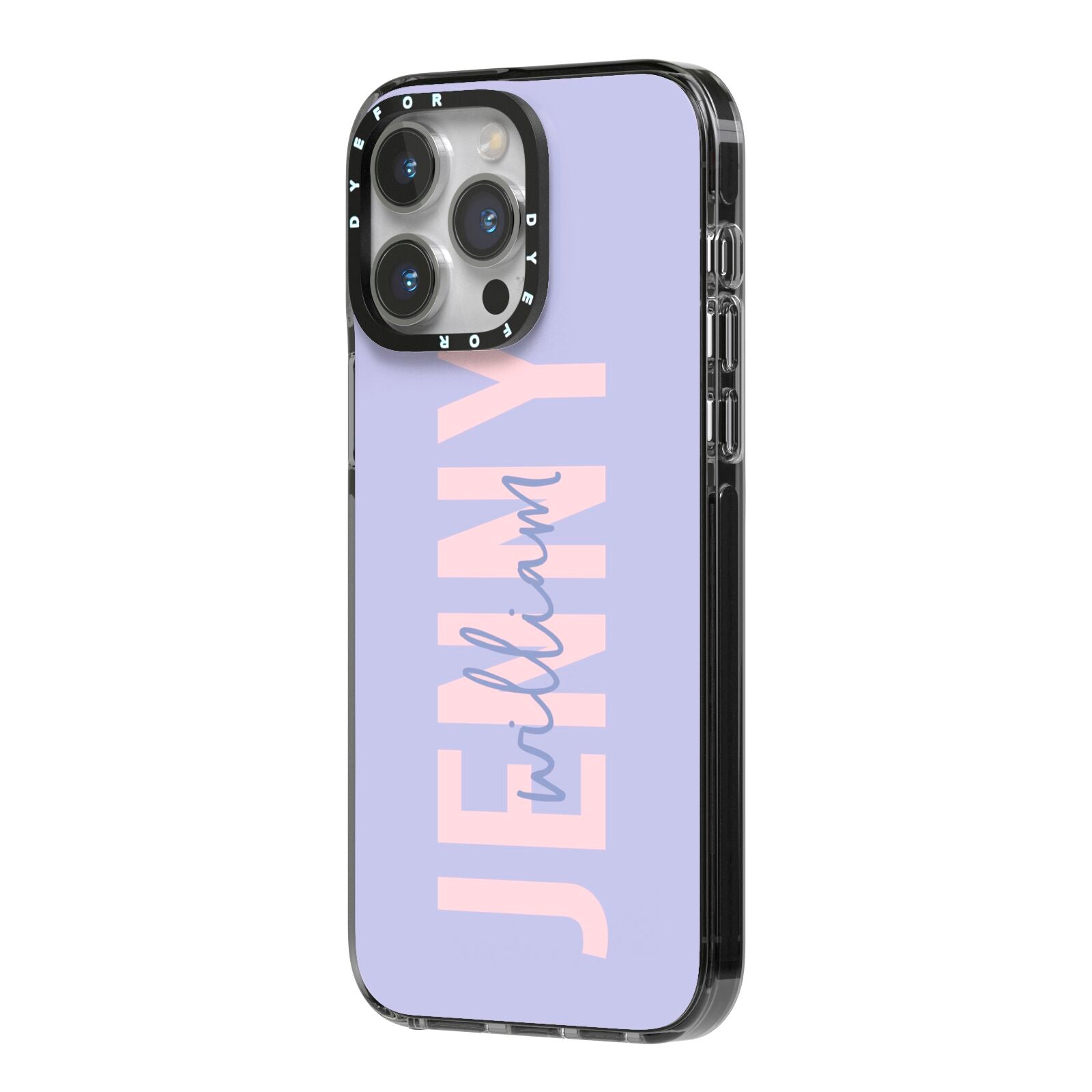 Pastel Pink and Purple Full Name iPhone 14 Pro Max Black Impact Case Side Angle on Silver phone